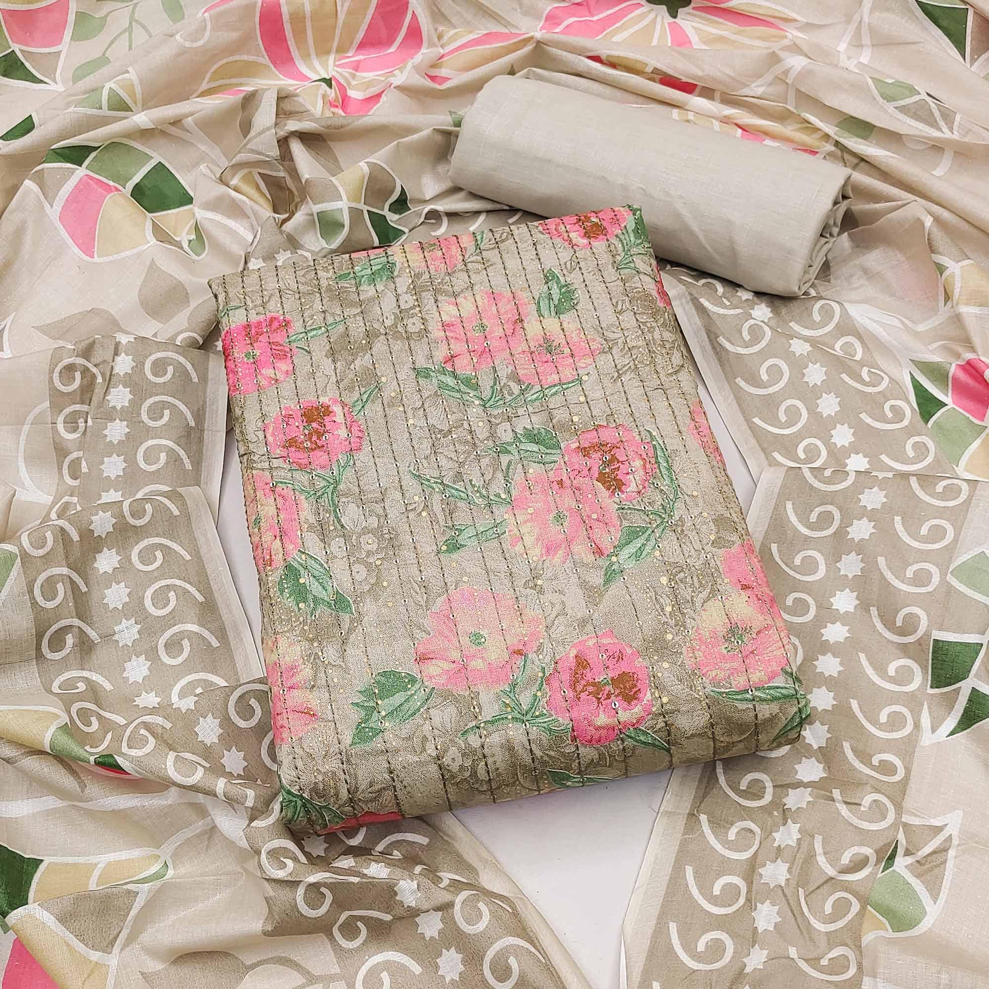 Grey-Pink Printed With Embroidered Pure Cotton Dress Material - Peachmode