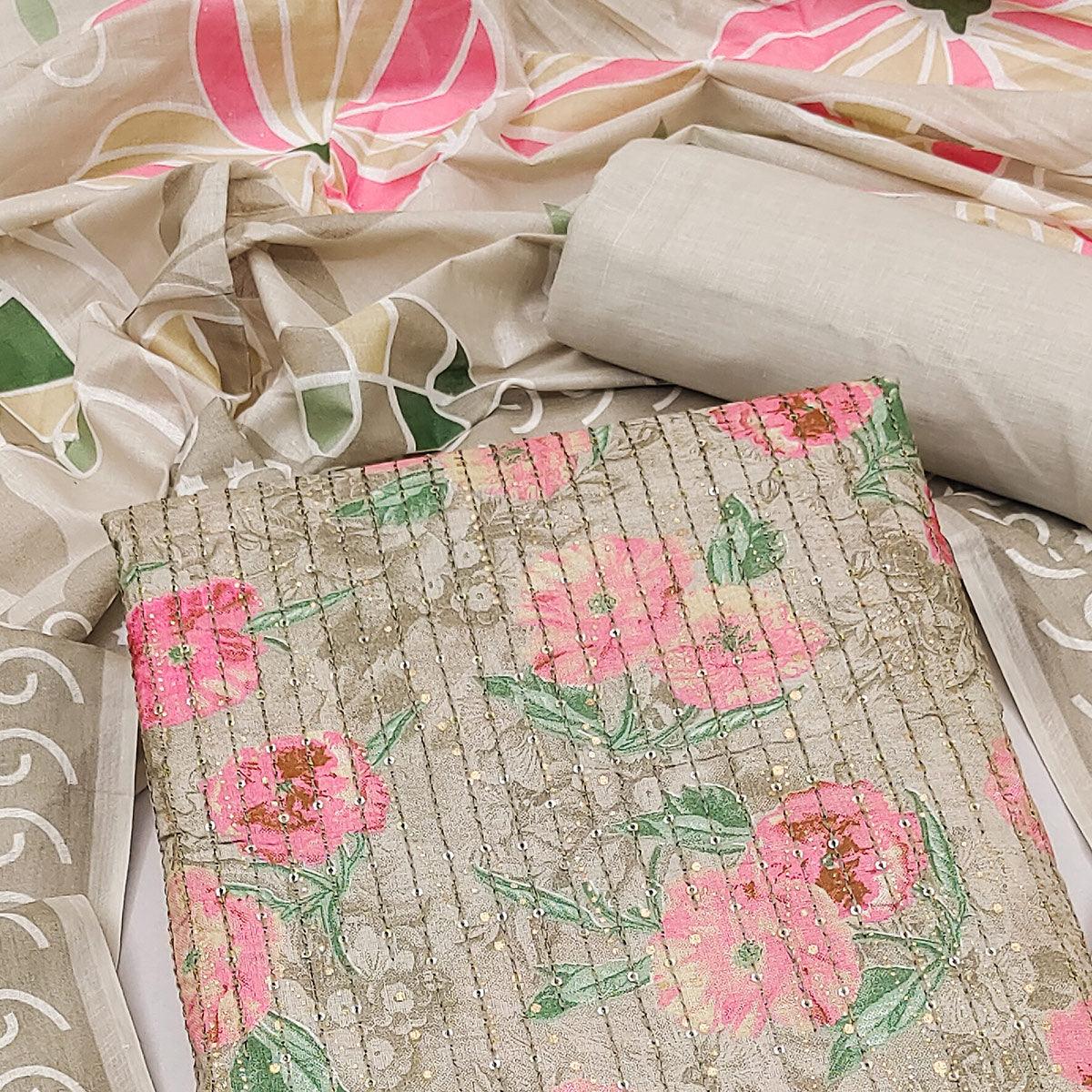 Grey-Pink Printed With Embroidered Pure Cotton Dress Material - Peachmode