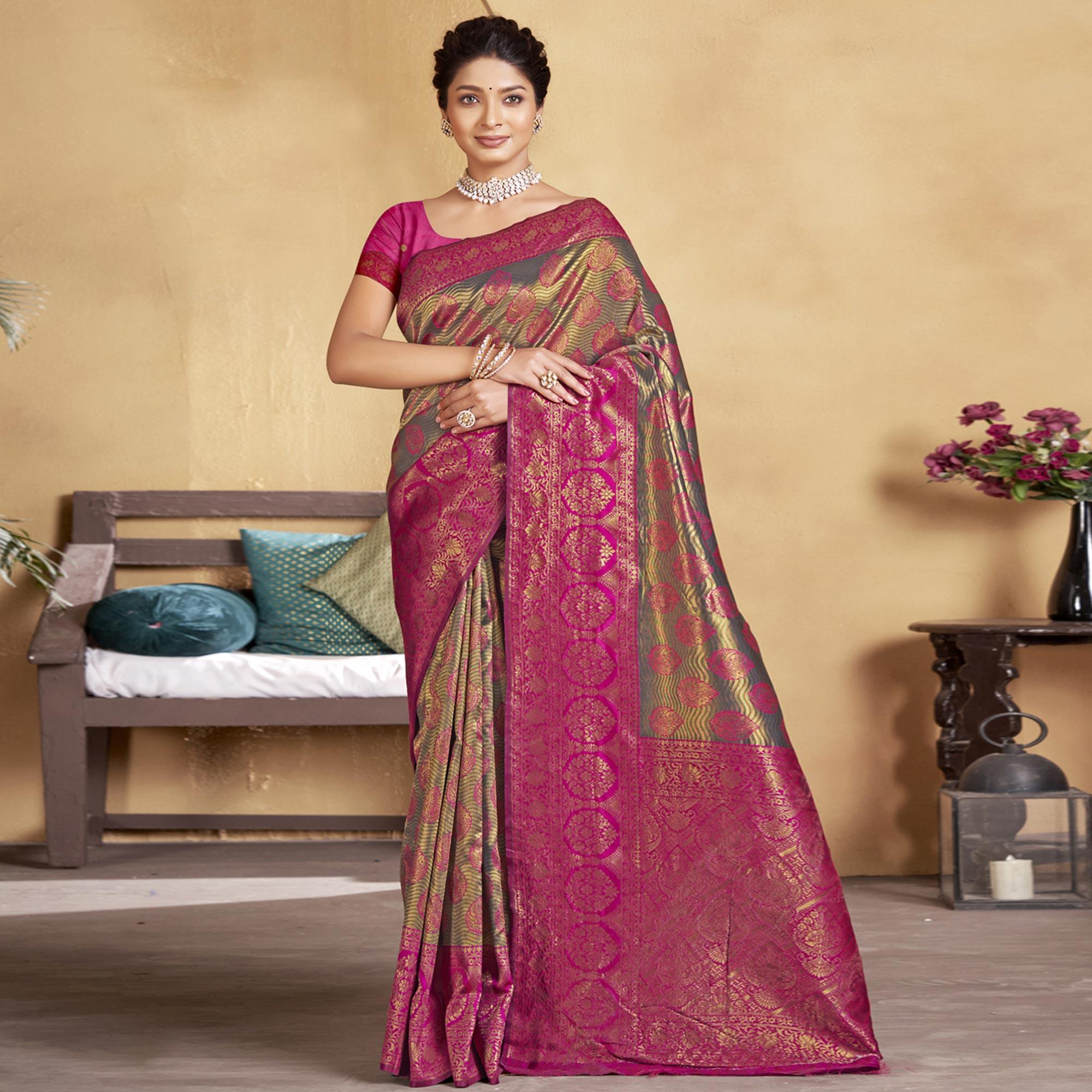 Grey-Pink Woven Art Silk Saree - Peachmode