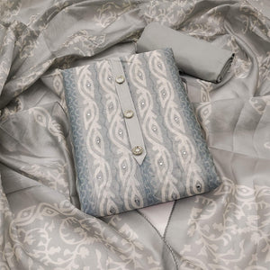 Grey Printed & Mirror Work Chanderi Dress Material - Peachmode