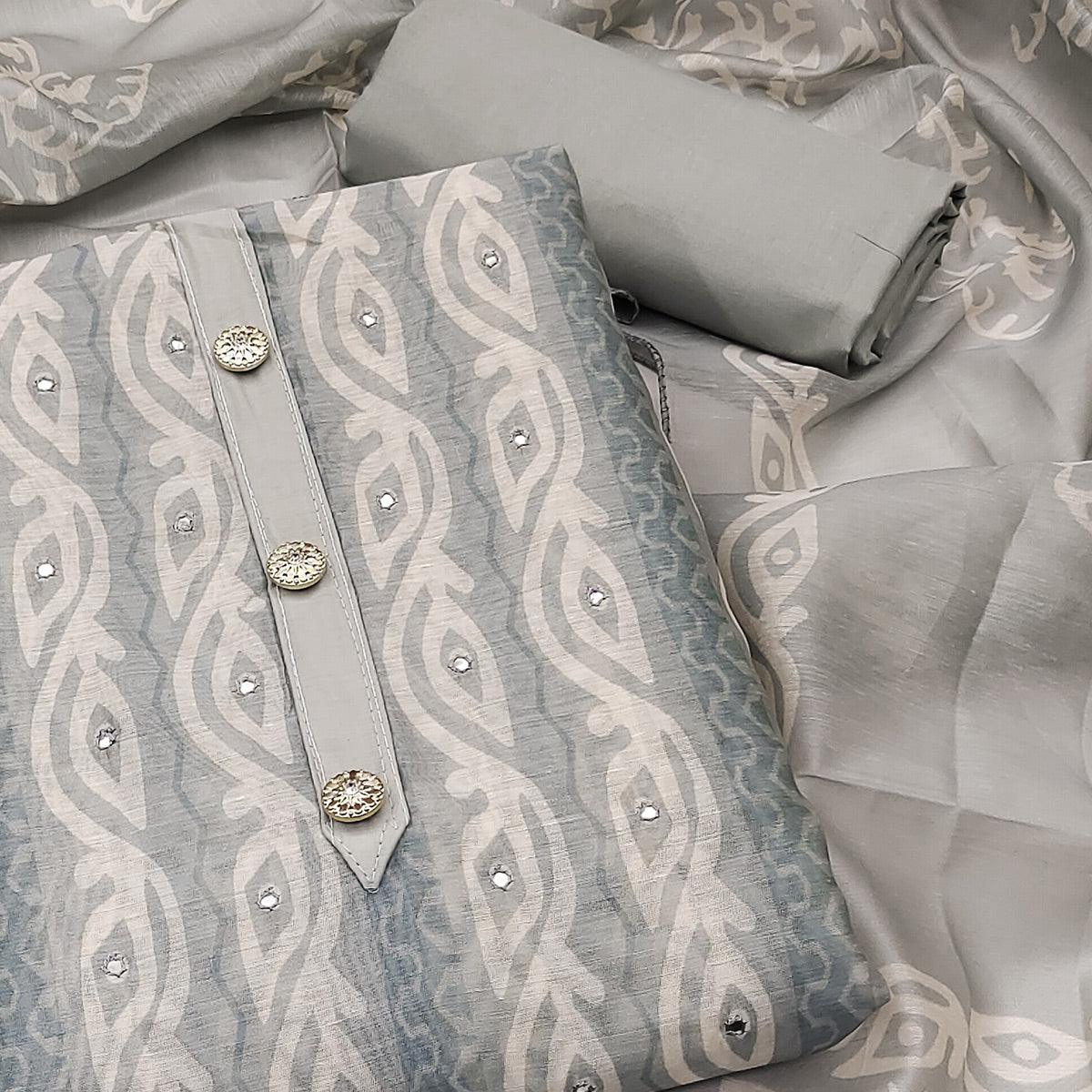 Grey Printed & Mirror Work Chanderi Dress Material - Peachmode