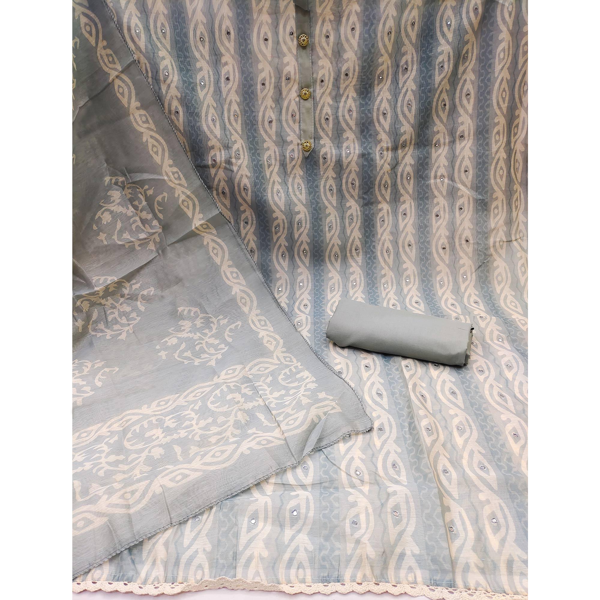 Grey Printed & Mirror Work Chanderi Dress Material - Peachmode