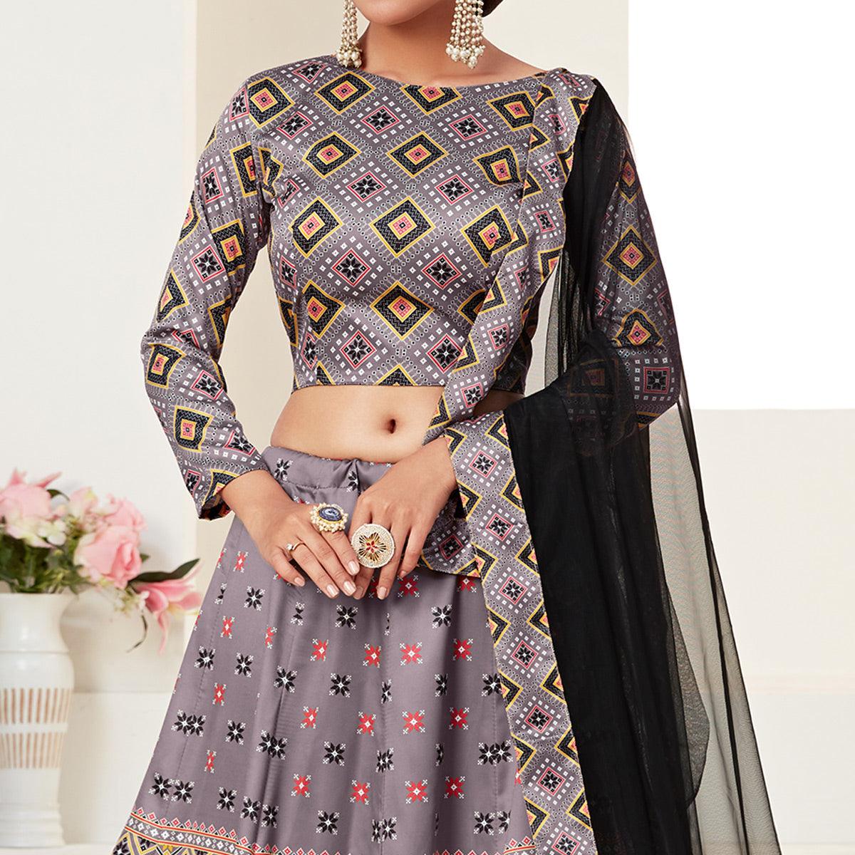 Grey Printed Art Silk Lehenga Choli - Peachmode