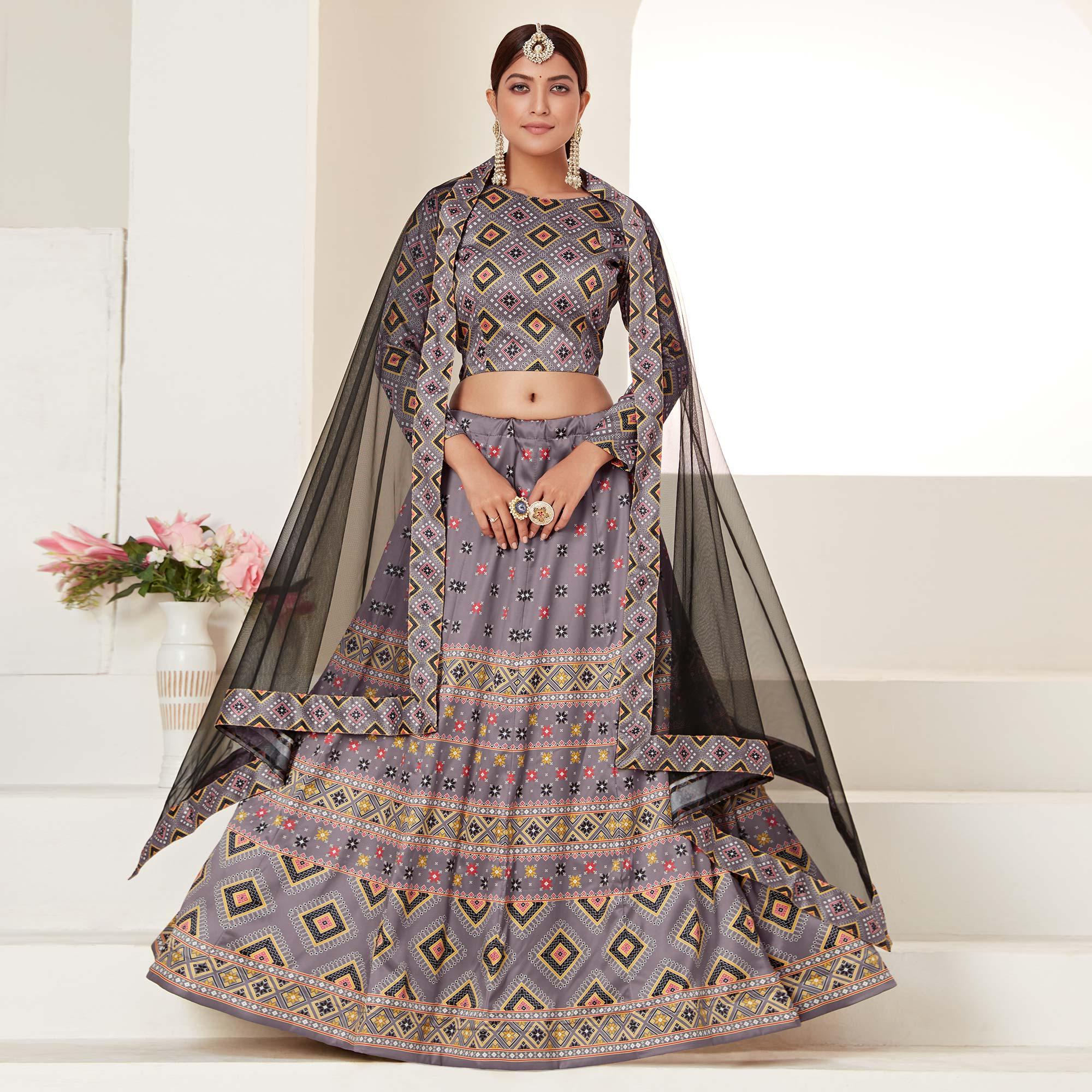 Grey Printed Art Silk Lehenga Choli - Peachmode