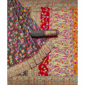 Grey Printed Chanderi Saree - Peachmode