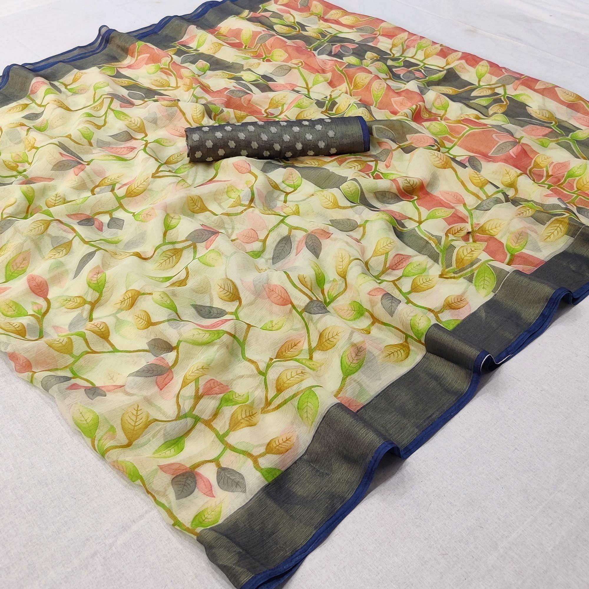 Grey Printed Chiffon Saree - Peachmode