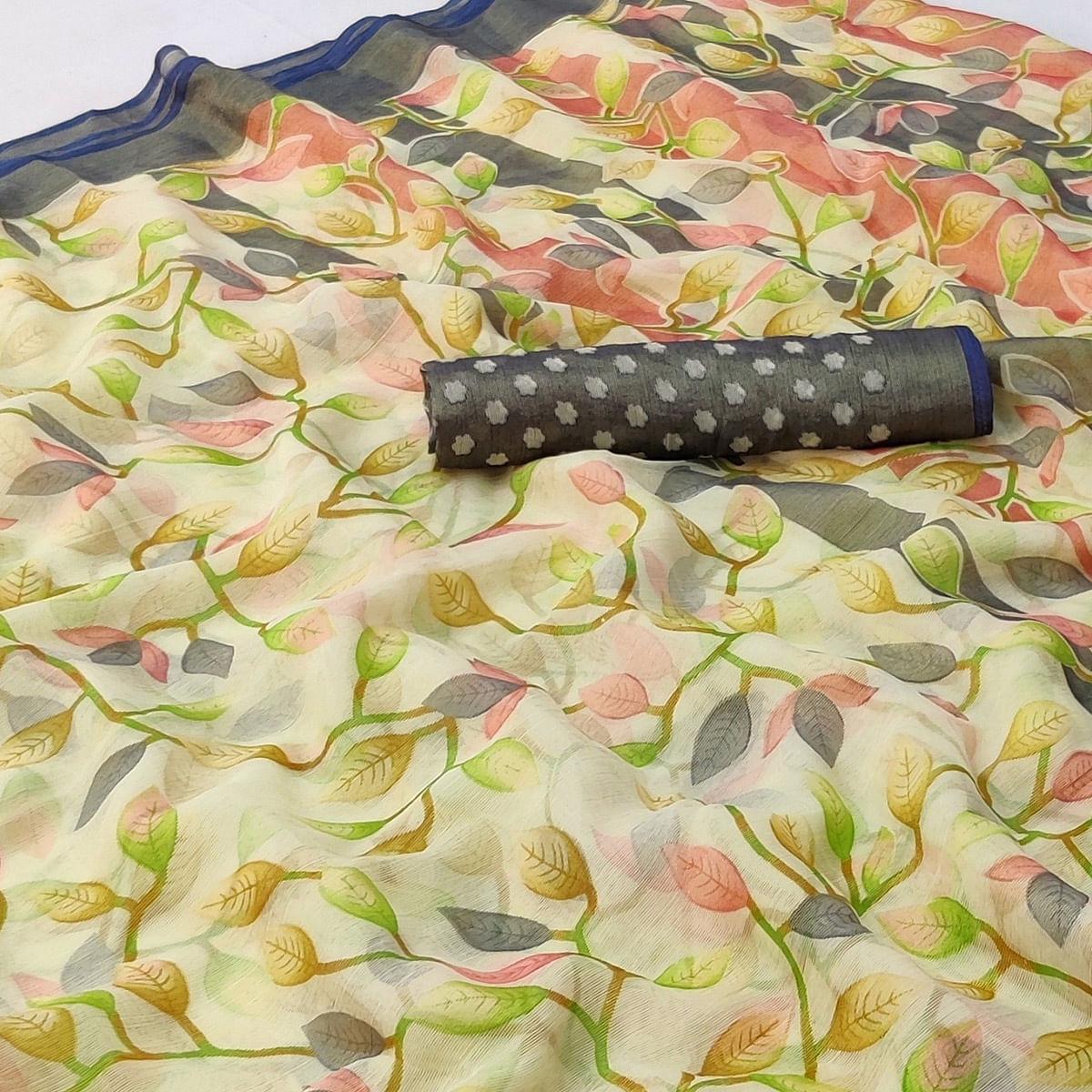 Grey Printed Chiffon Saree - Peachmode