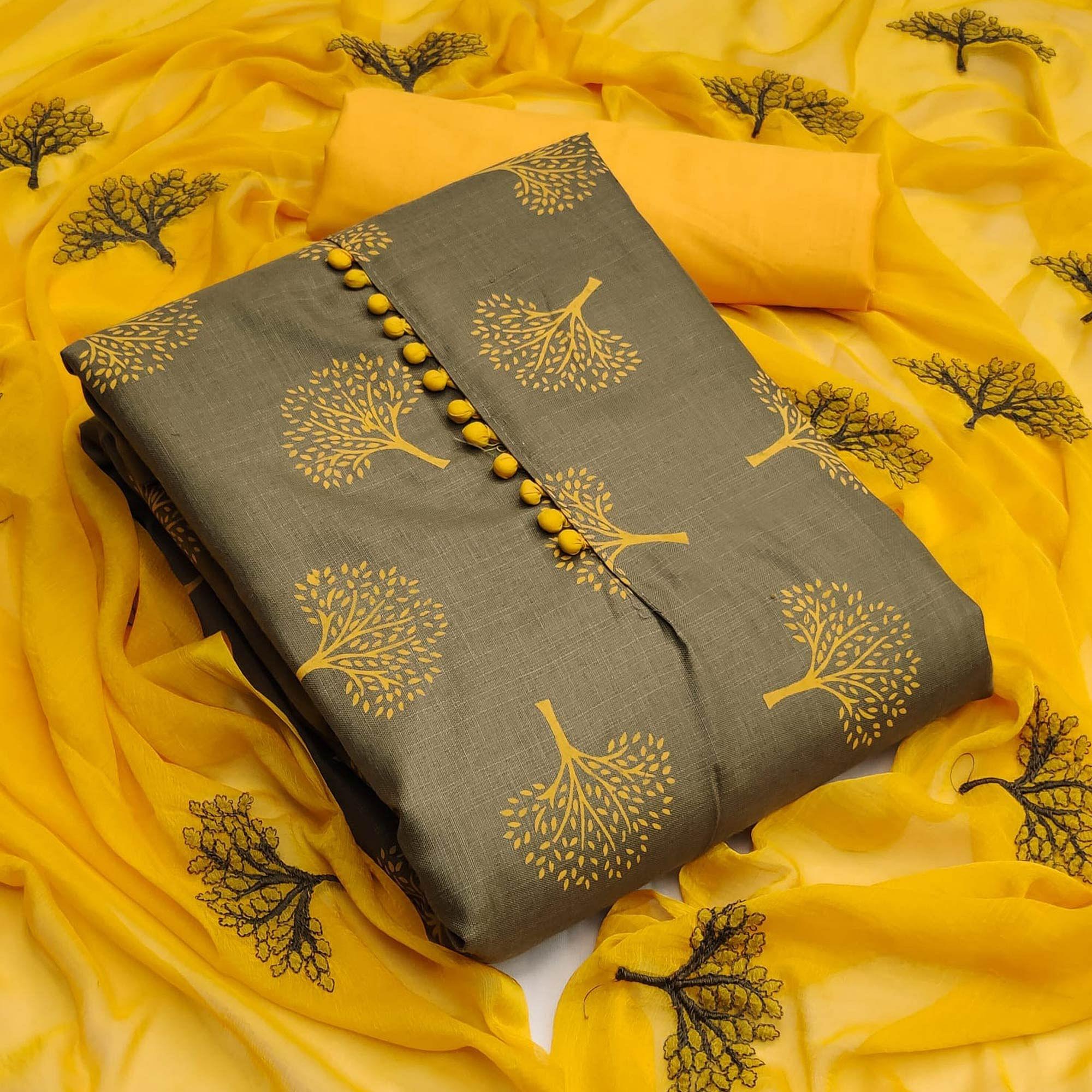 Grey Printed Cotton Dress Material - Peachmode