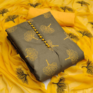 Grey Printed Cotton Dress Material - Peachmode