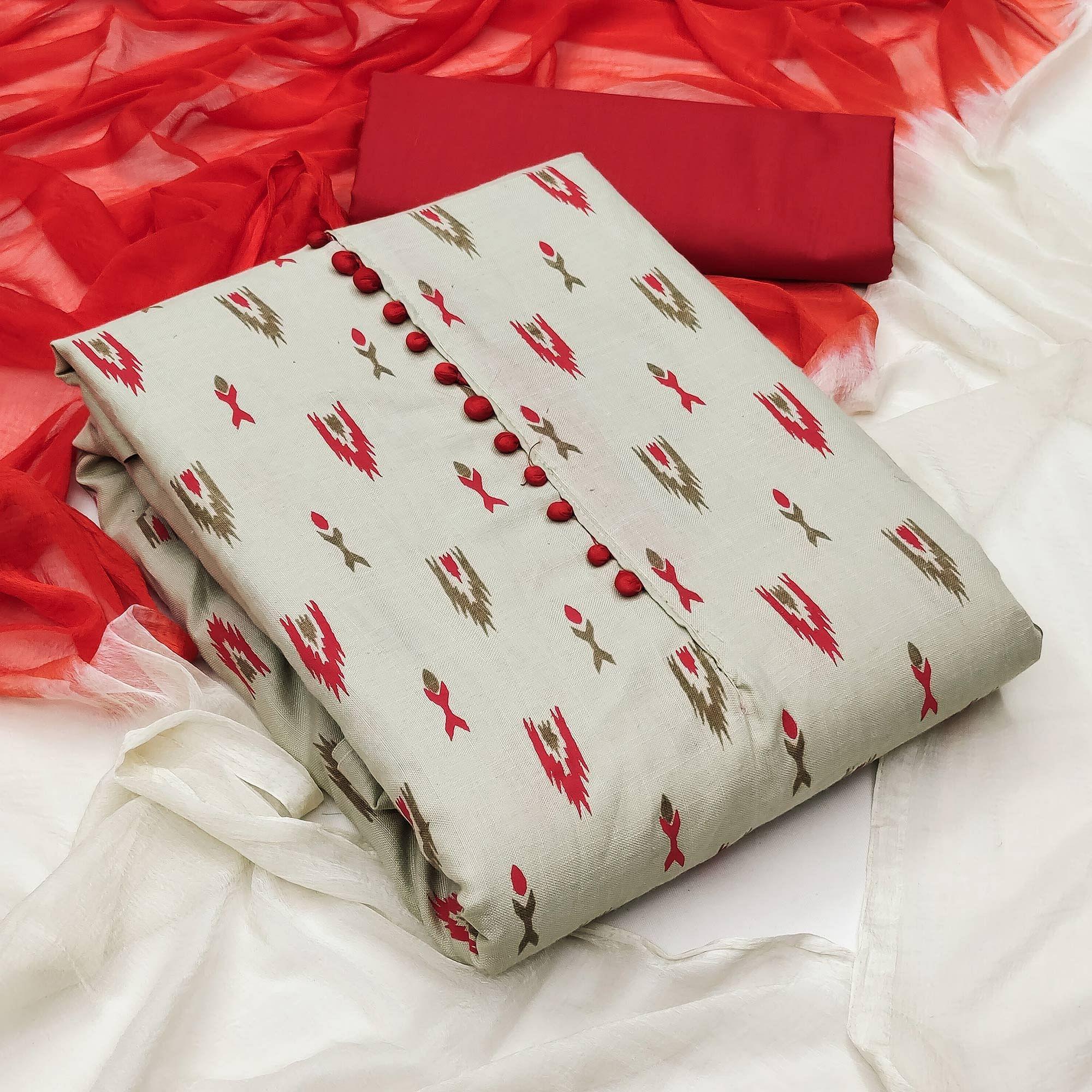 Grey Printed Cotton Dress Material - Peachmode