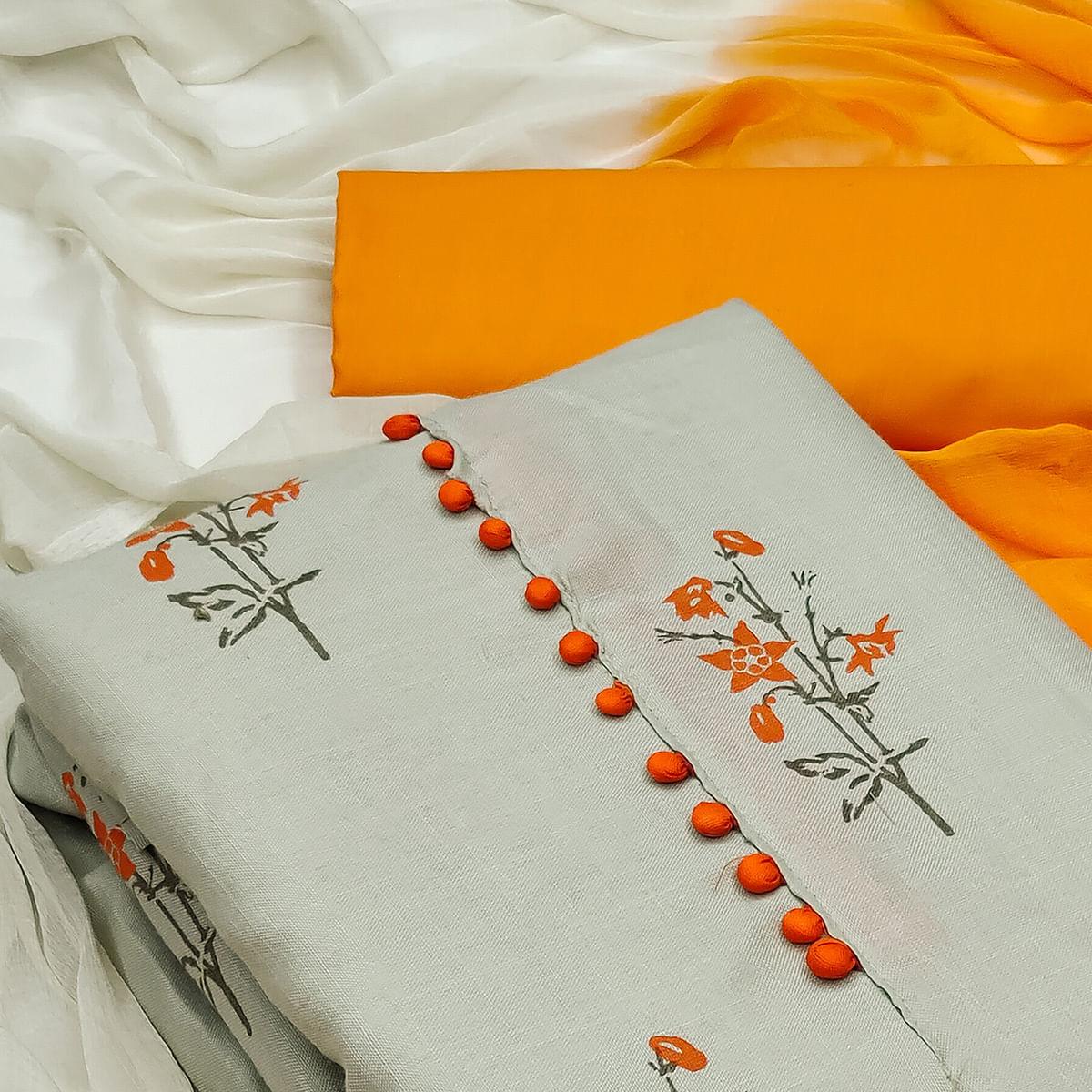 Grey Printed Cotton Dress Material - Peachmode