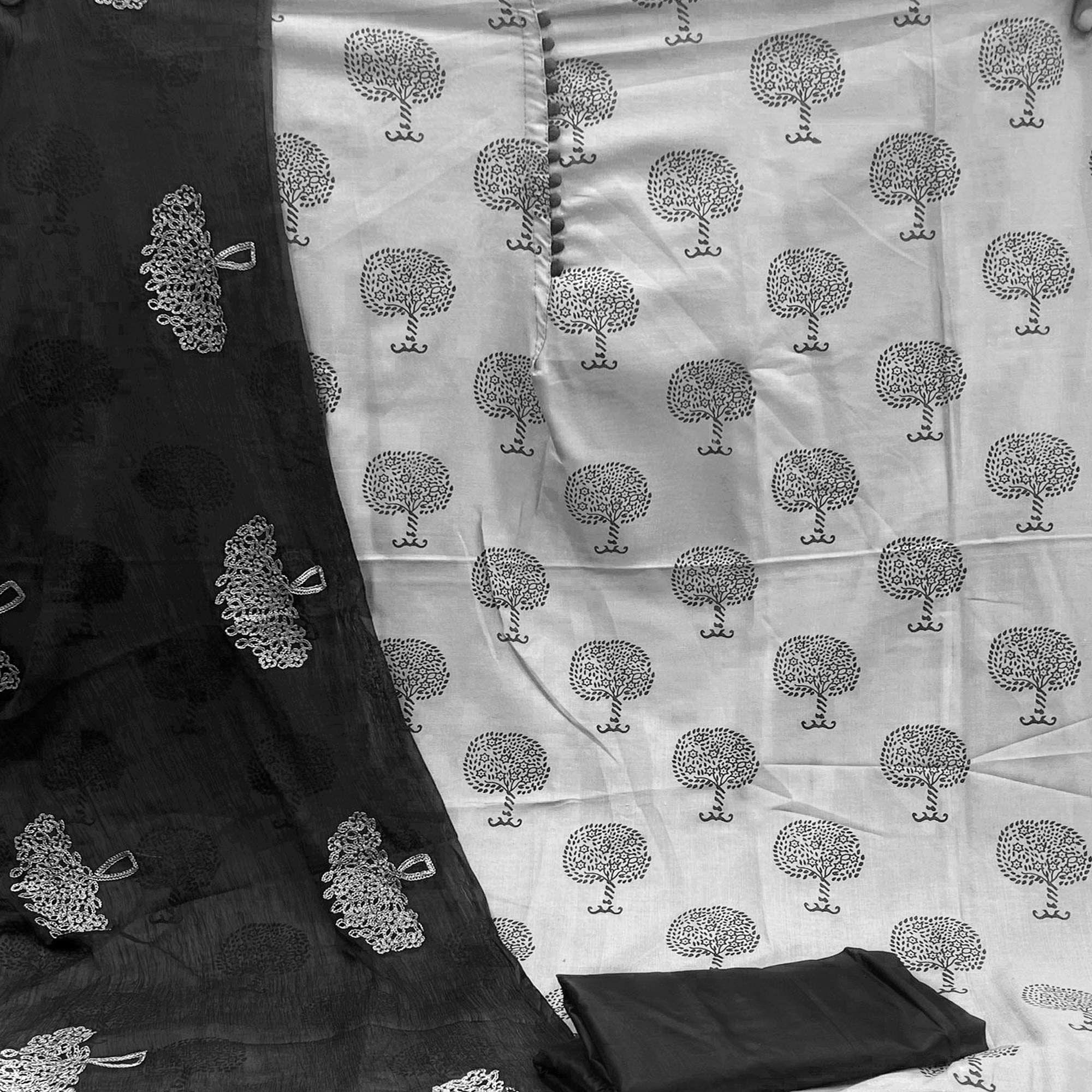 Grey Printed Cotton Dress Material - Peachmode