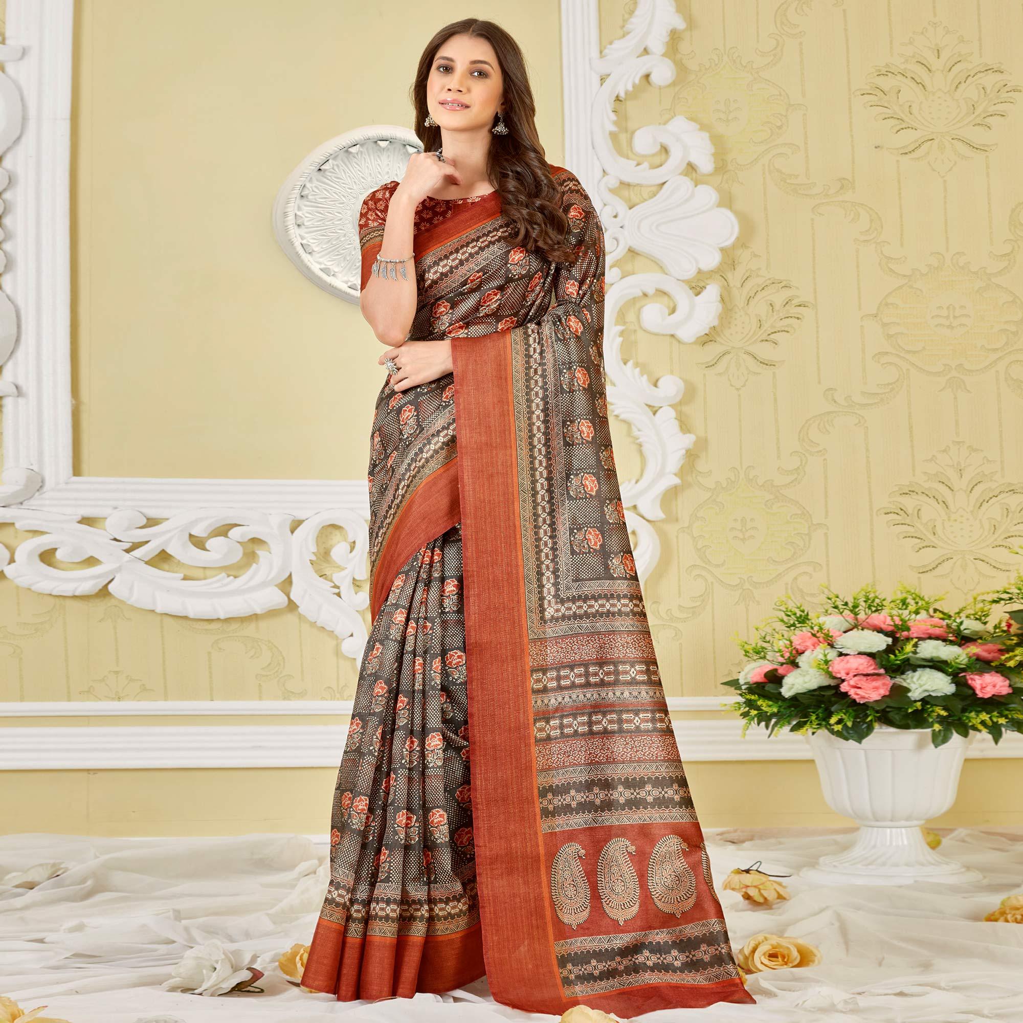 Grey Printed Cotton Saree - Peachmode