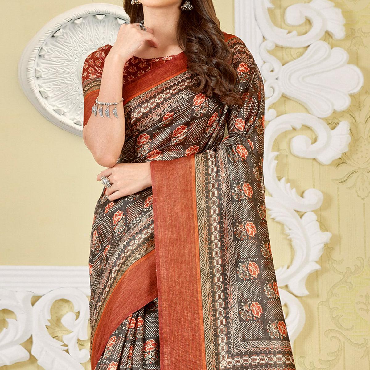 Grey Printed Cotton Saree - Peachmode