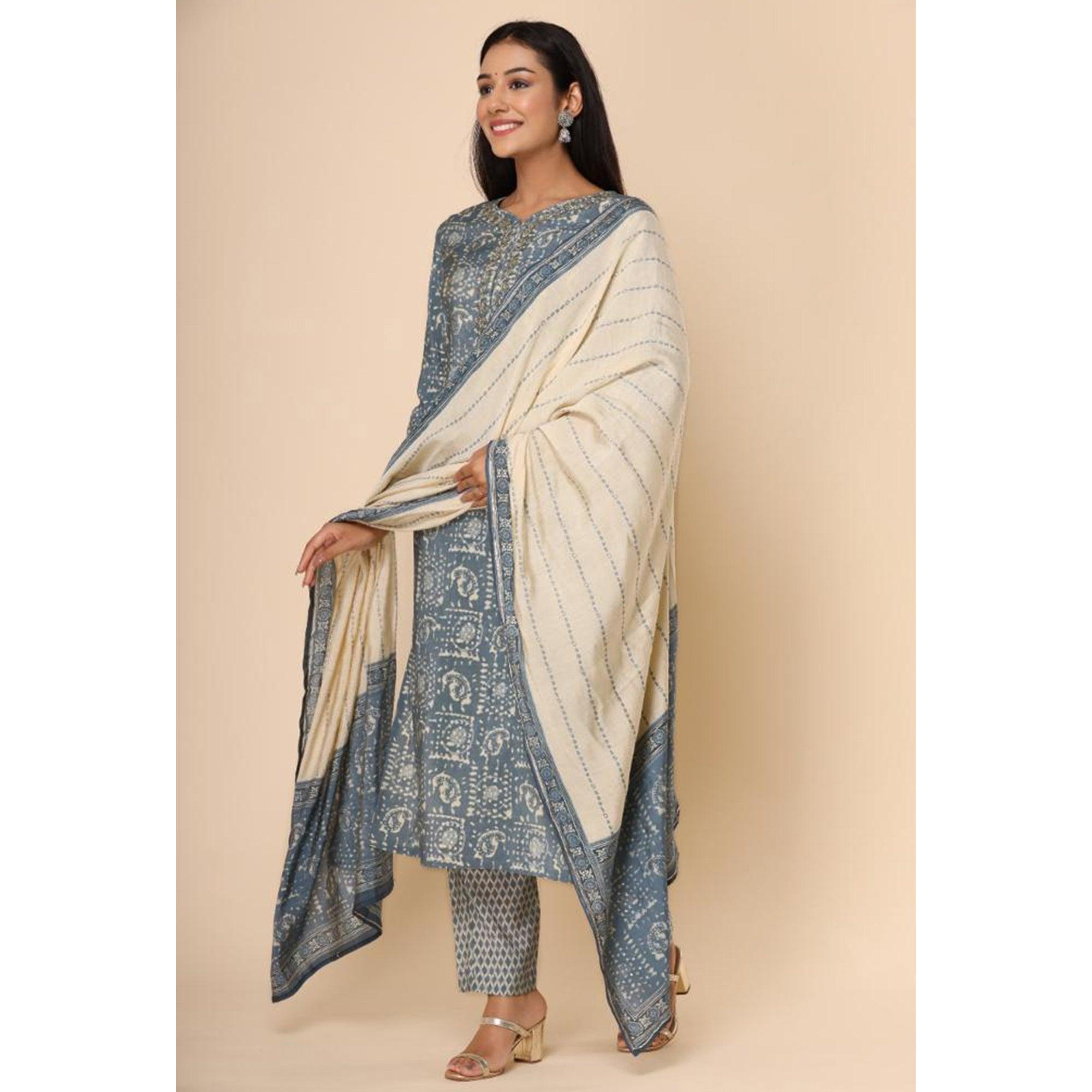 Grey Printed Cotton Silk Kurti Pant Set With Dupatta - Peachmode