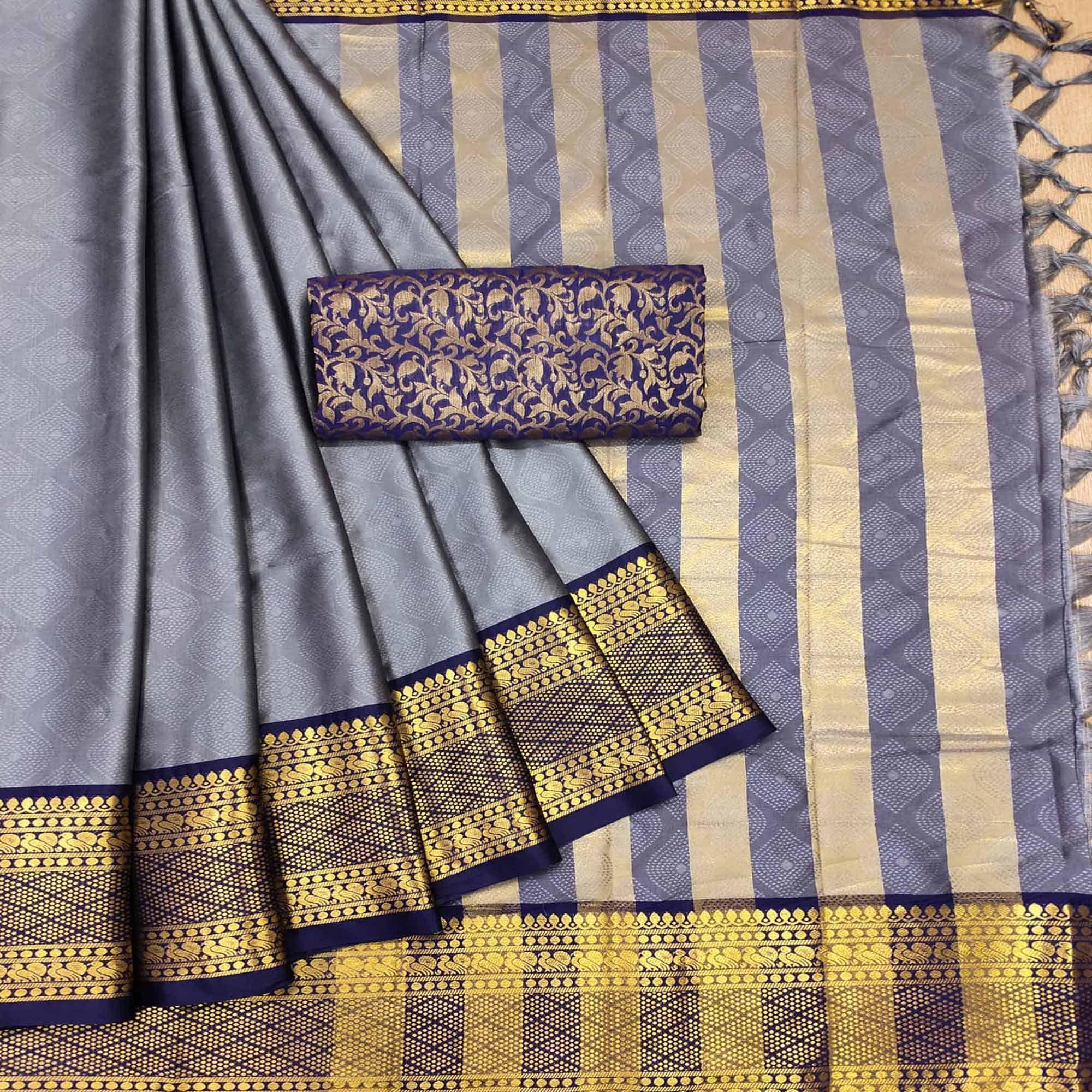 Grey Printed Cotton Silk Saree - Peachmode