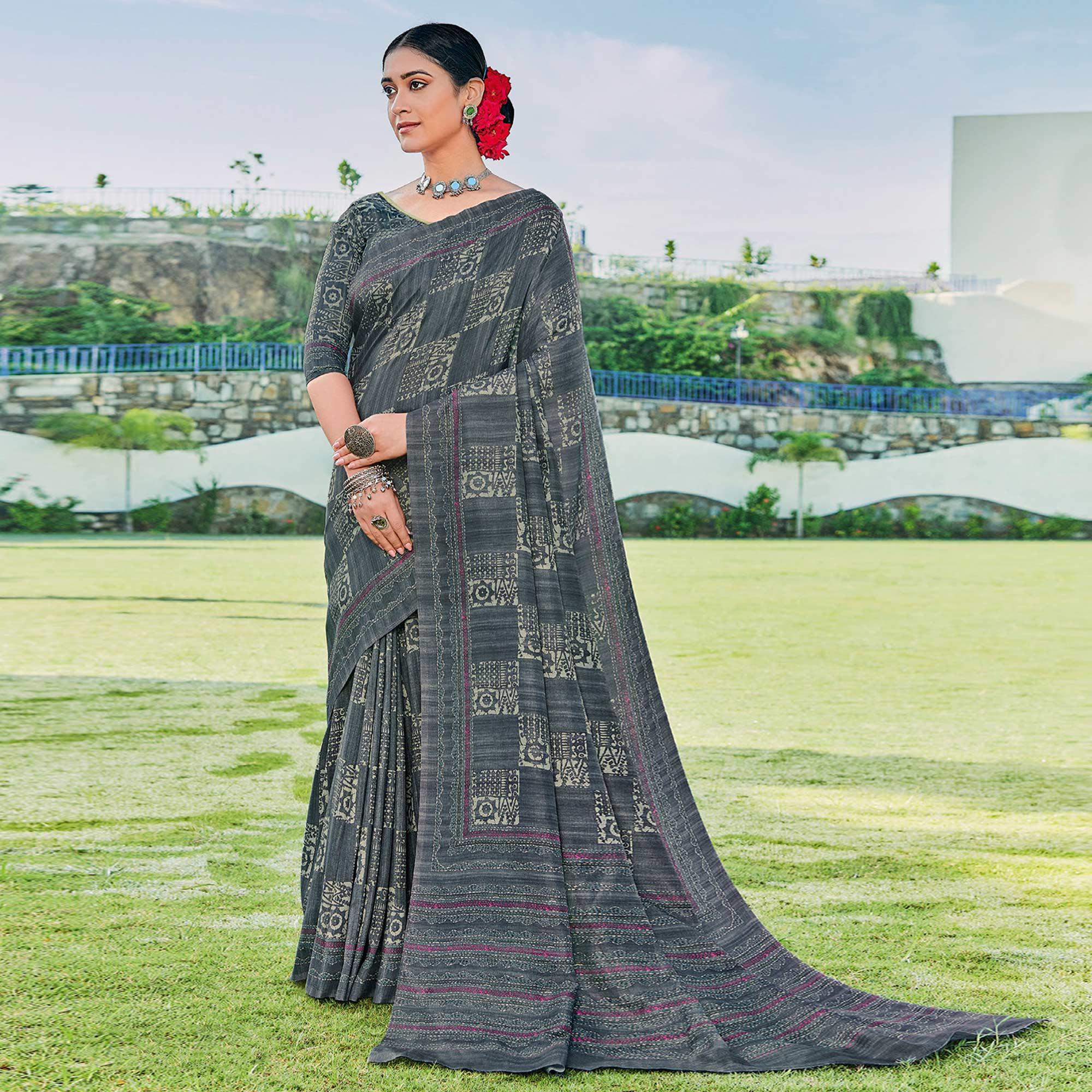 Grey Printed Cotton Silk Saree - Peachmode