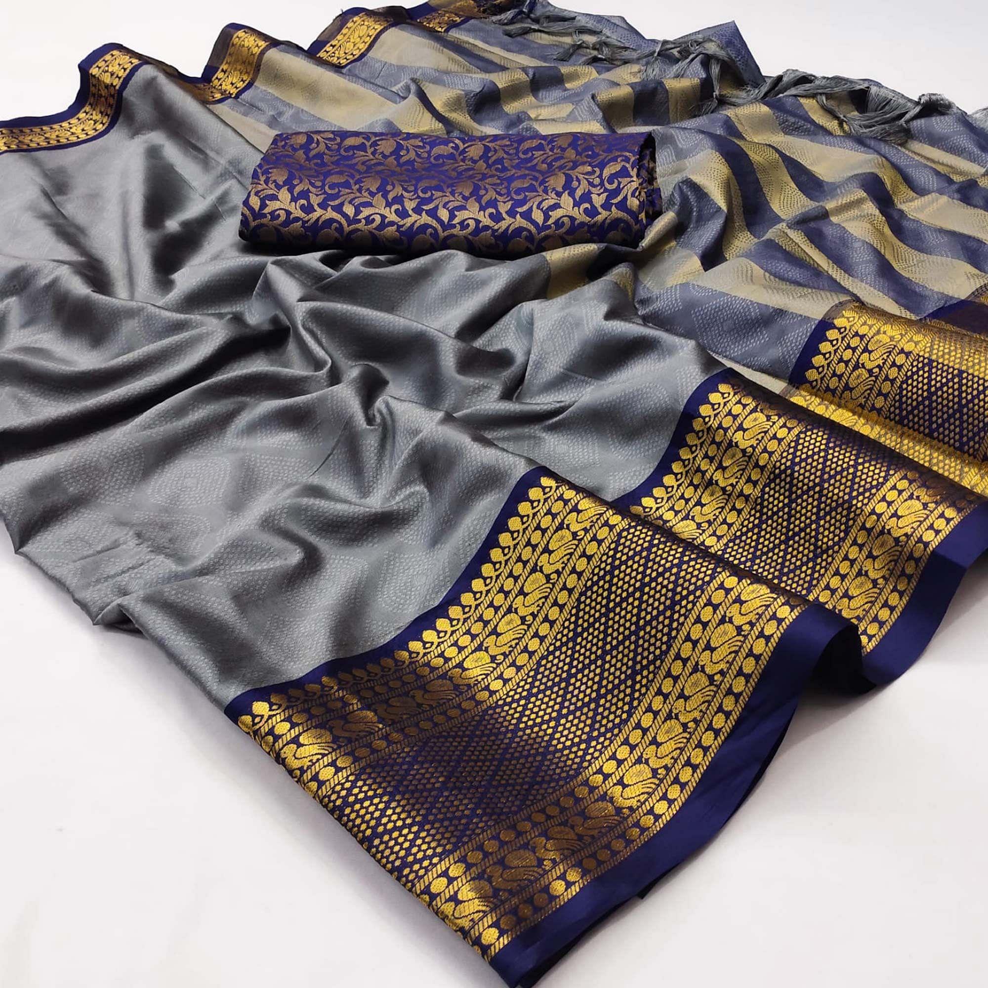 Grey Printed Cotton Silk Saree - Peachmode