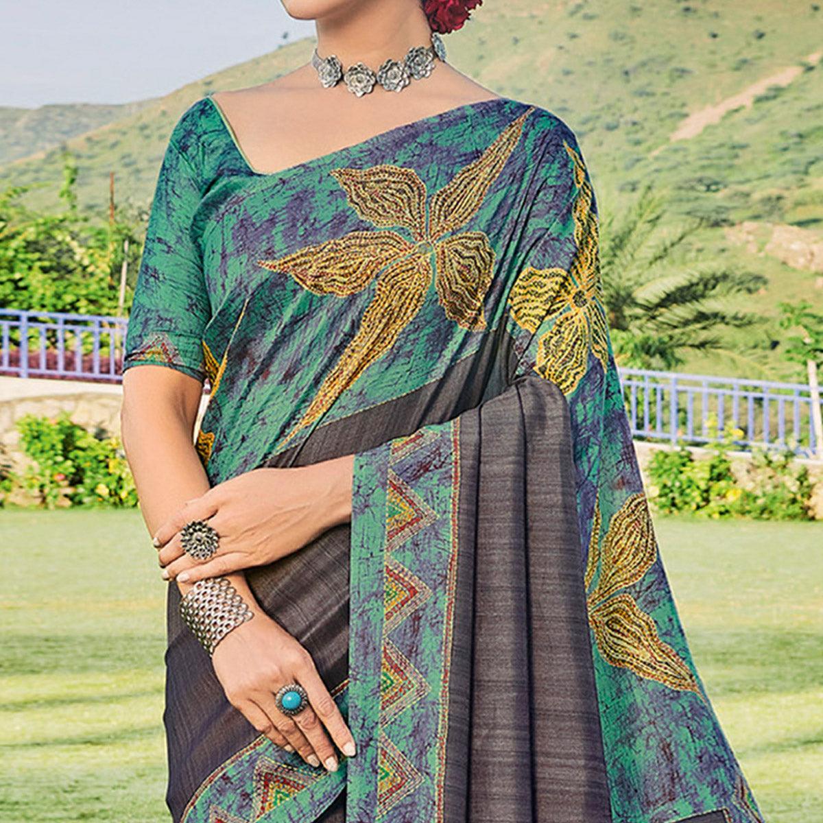 Grey Printed Cotton Silk Saree - Peachmode
