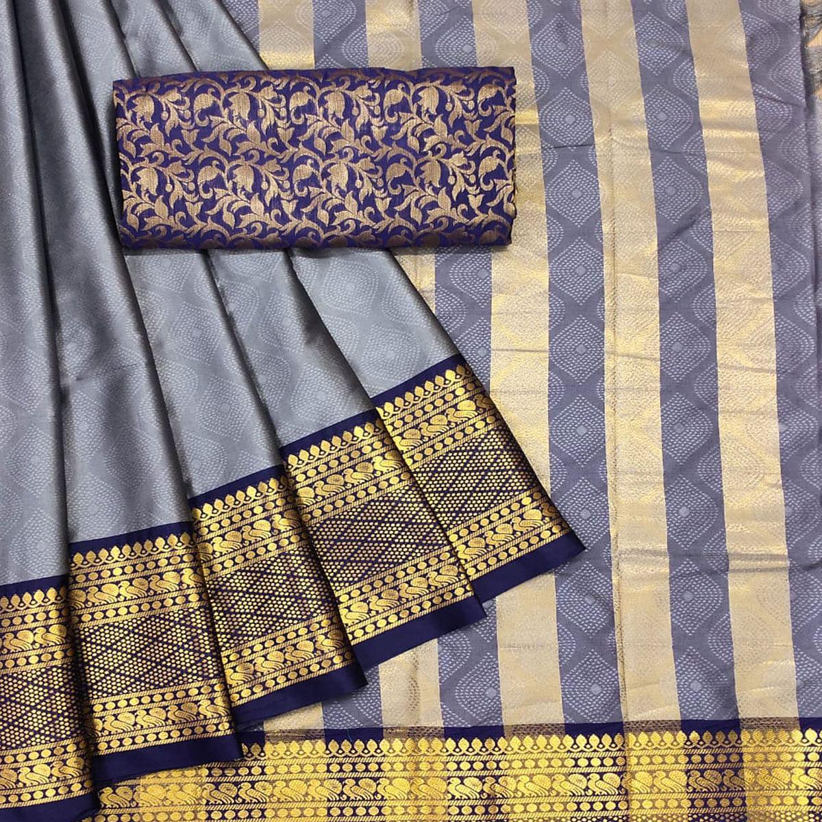 Grey Printed Cotton Silk Saree - Peachmode