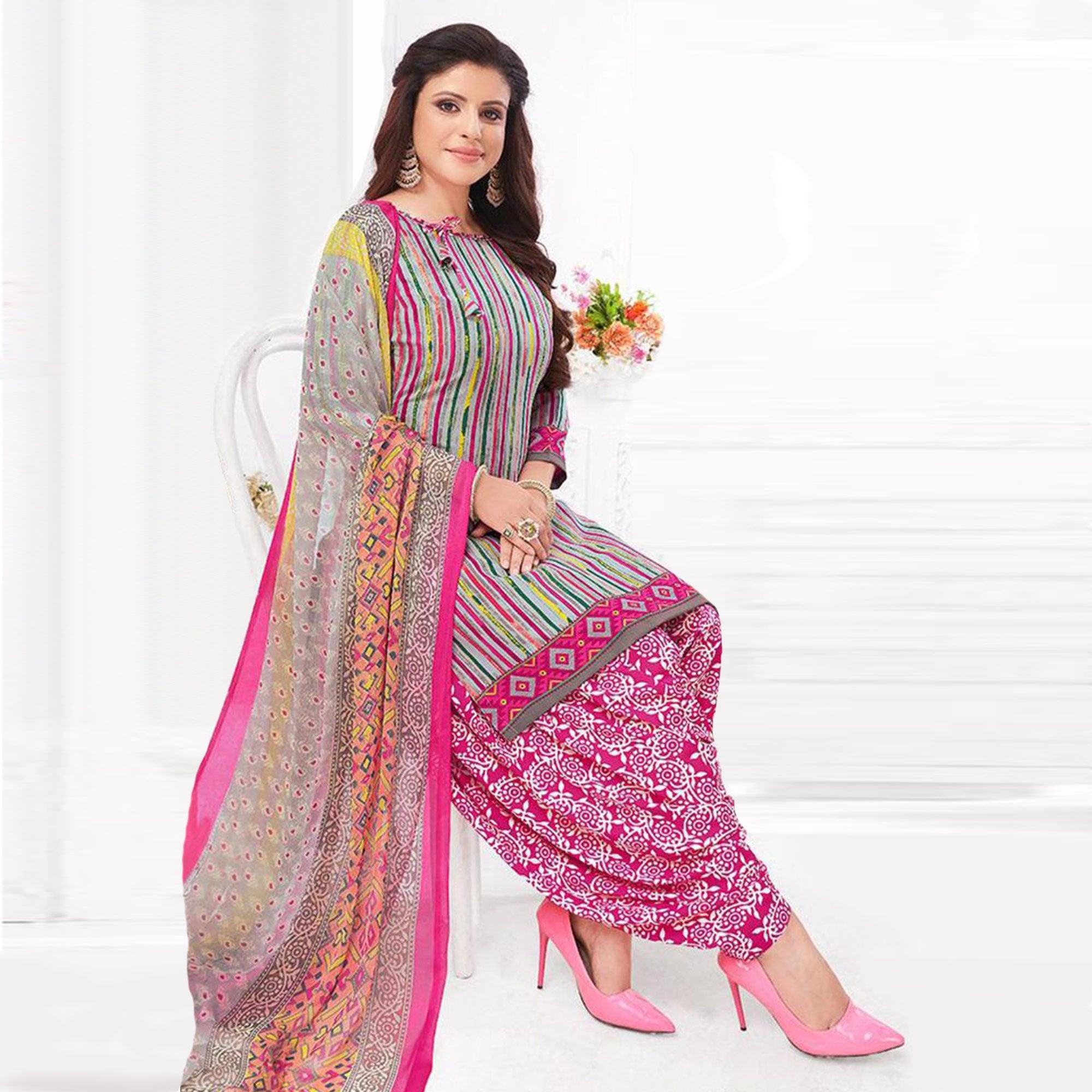 Grey Printed Crepe Patiala Dress Material - Peachmode