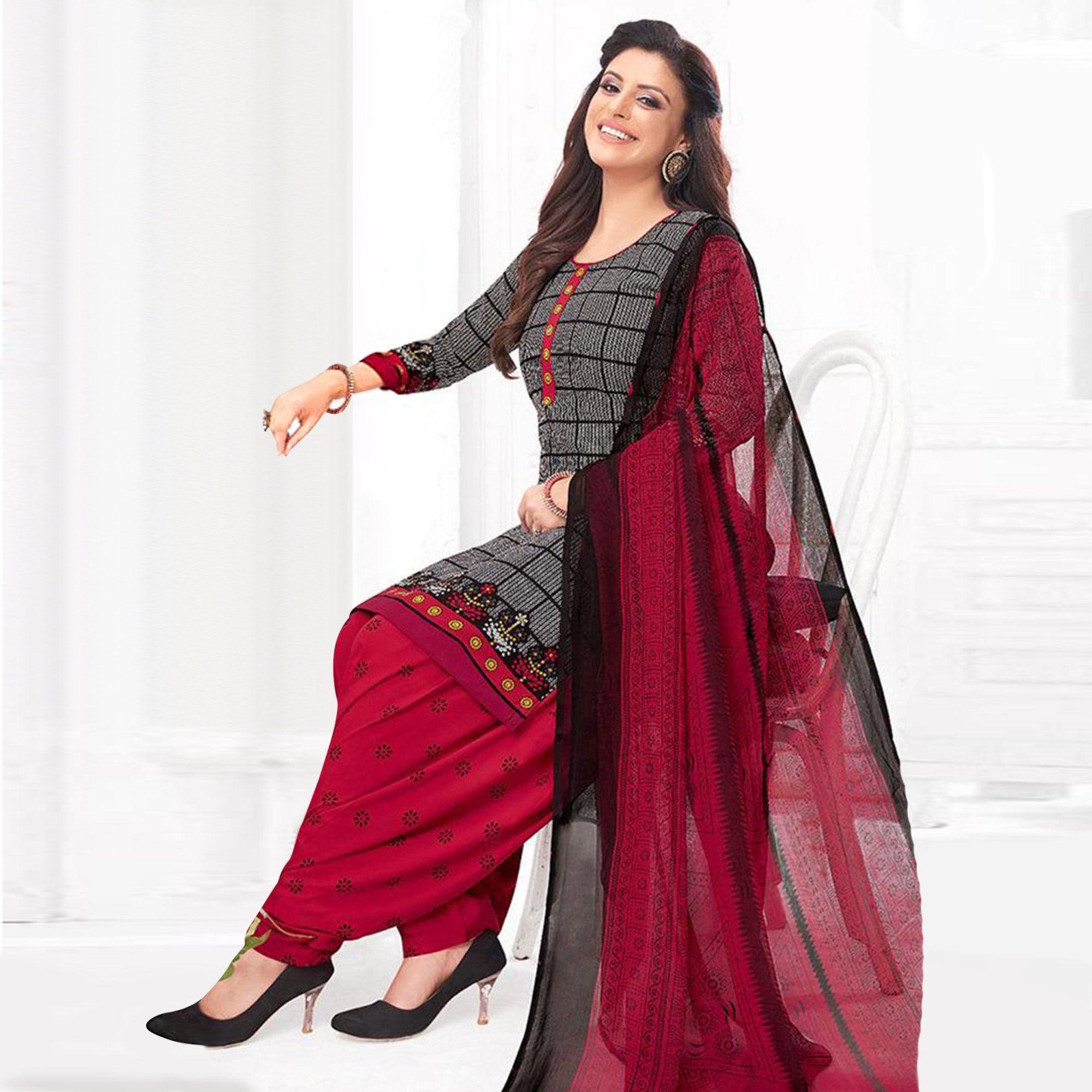 Grey Printed Crepe Patiala Dress Material - Peachmode