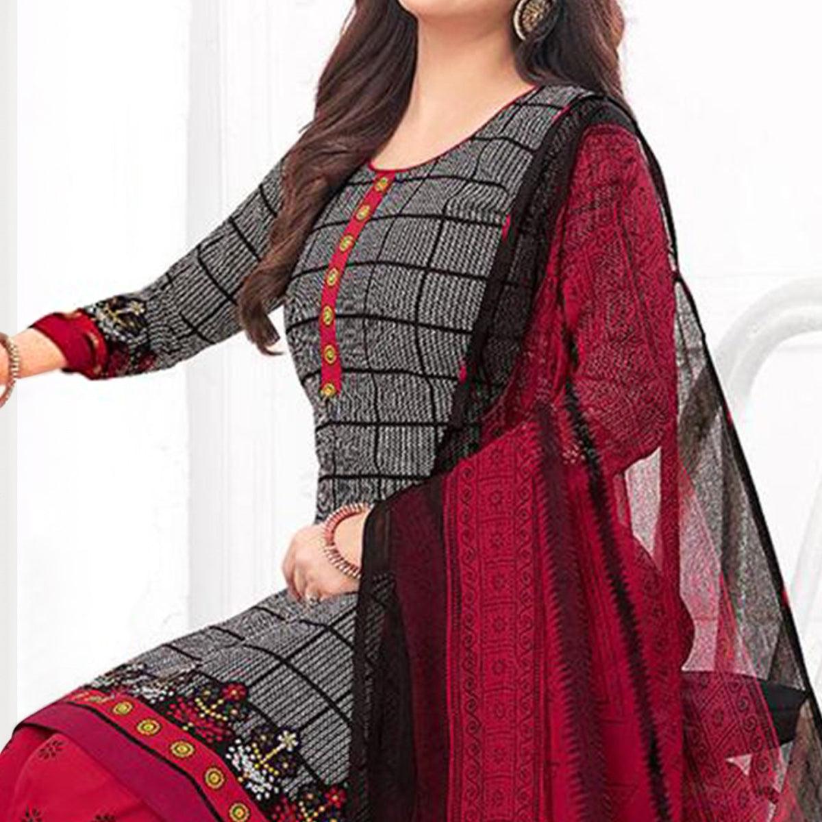 Grey Printed Crepe Patiala Dress Material - Peachmode