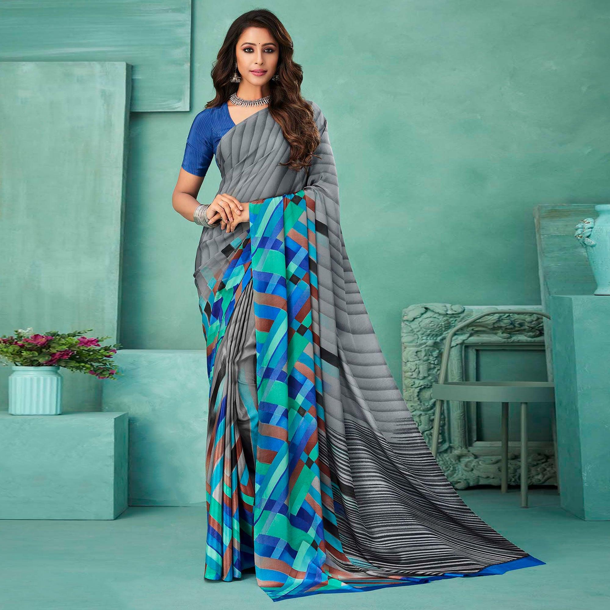 Grey Printed Crepe Saree - Peachmode