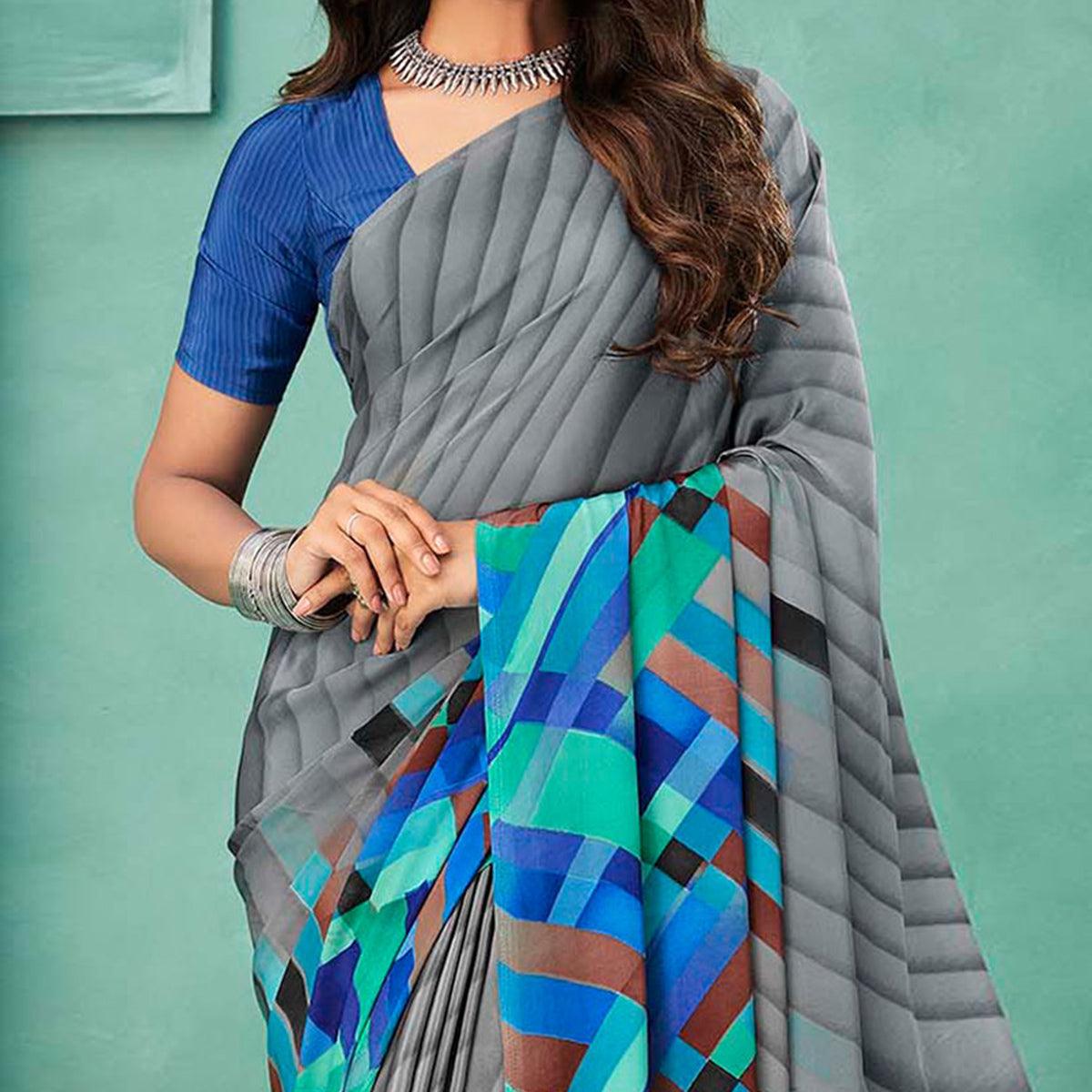 Grey Printed Crepe Saree - Peachmode