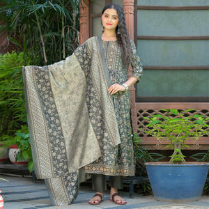 Grey Printed-Embroidered Chanderi Kurti Pant Set With Dupatta - Peachmode
