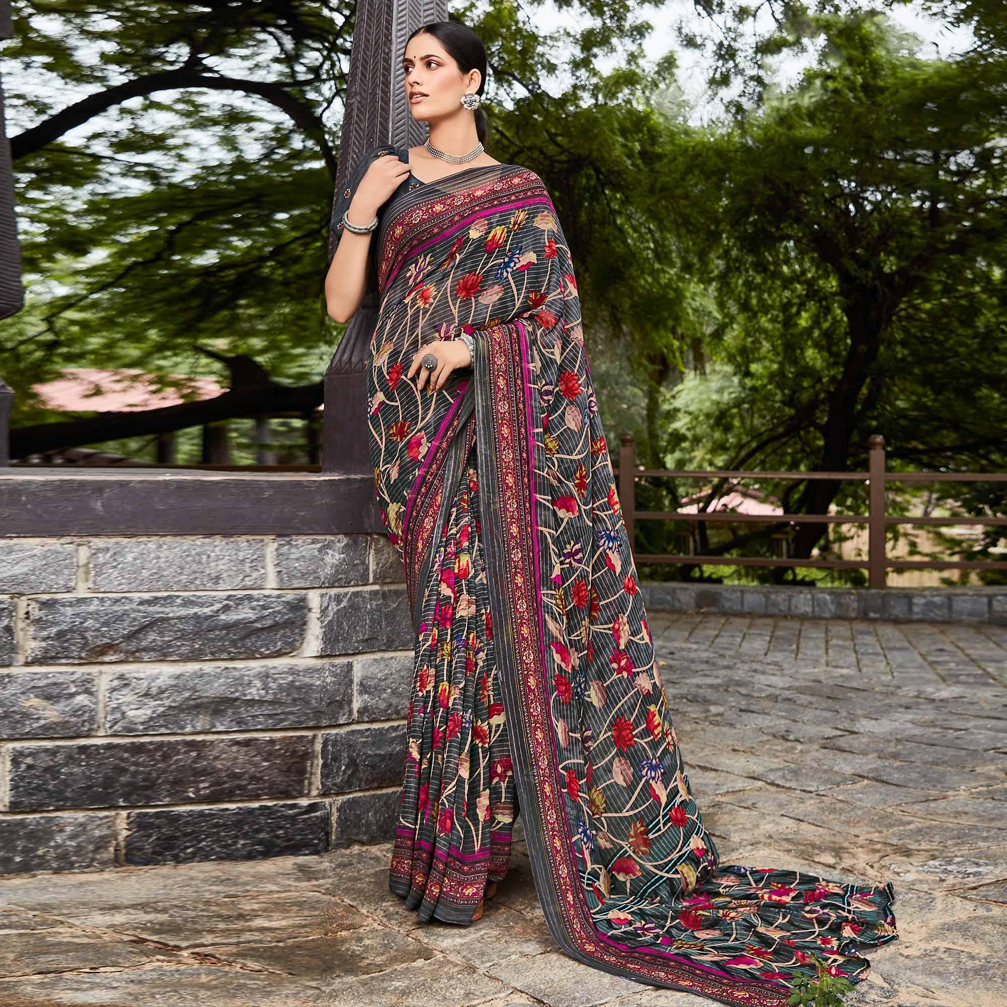 Grey Printed Geoergette Saree - Peachmode