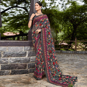 Grey Printed Geoergette Saree - Peachmode