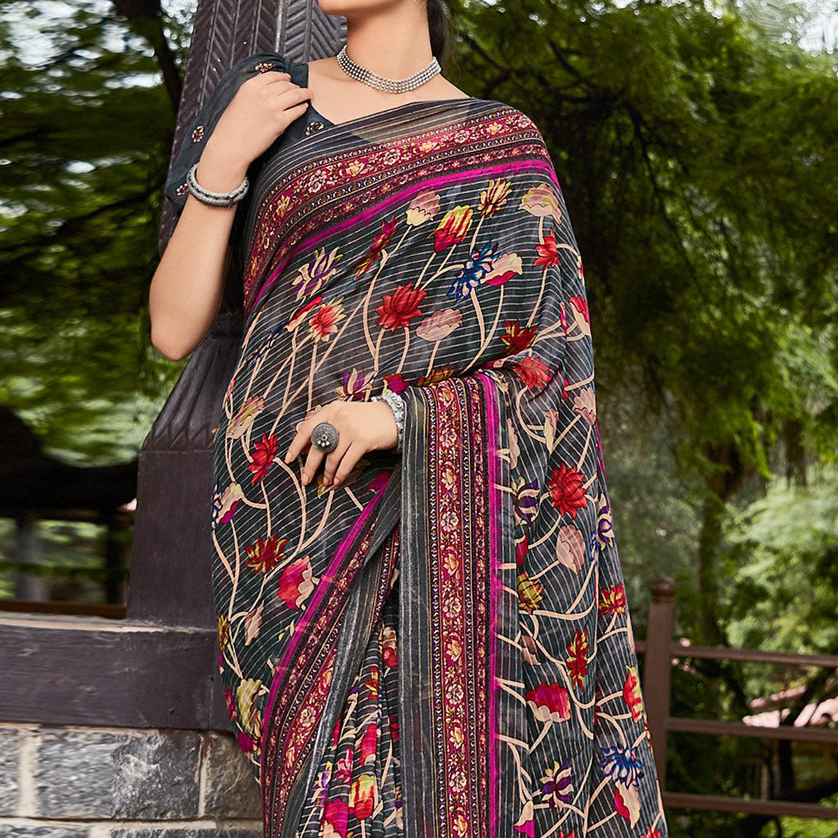 Grey Printed Geoergette Saree - Peachmode