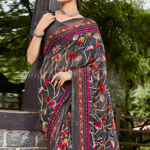 Grey Printed Geoergette Saree - Peachmode