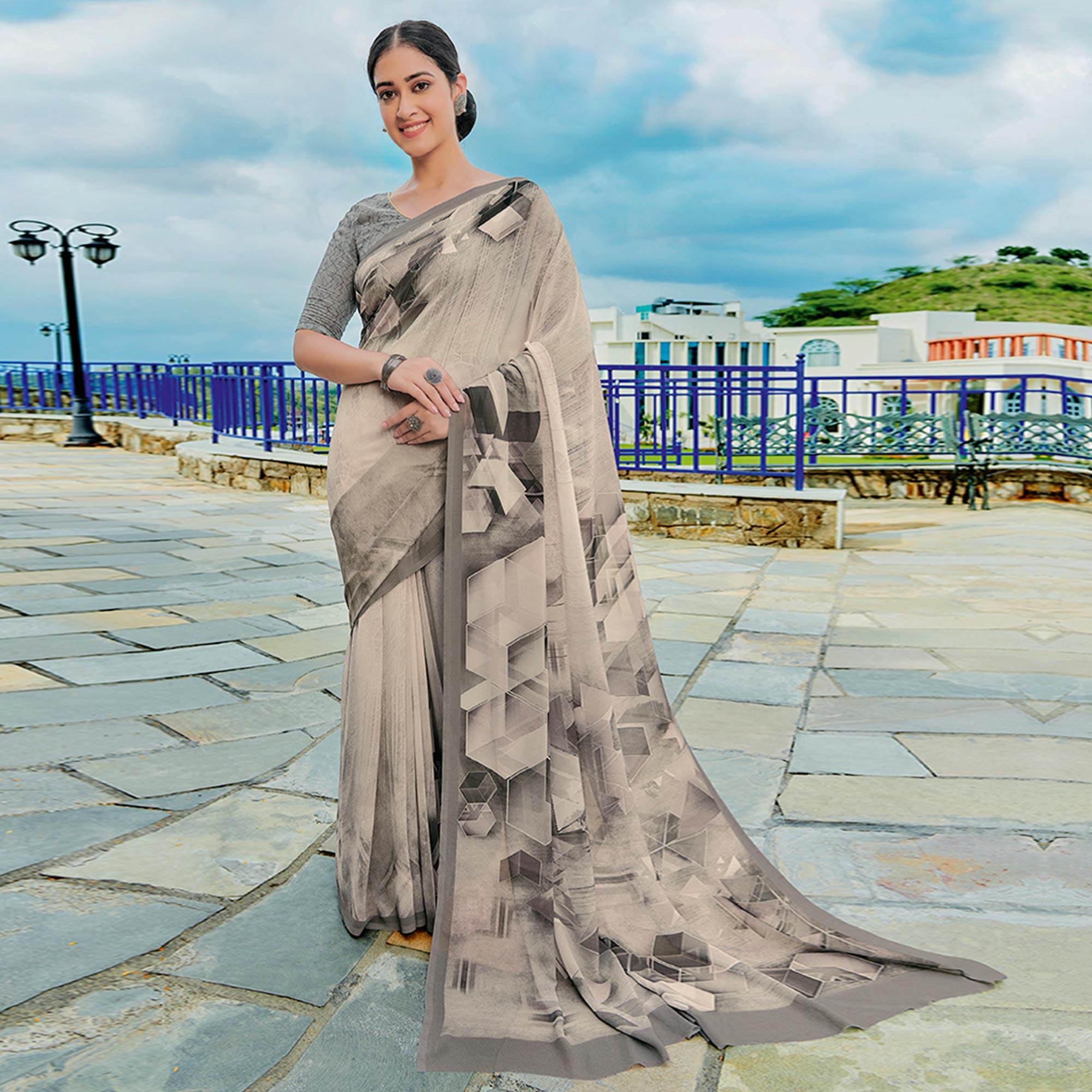 Grey Printed Georgette Saree - Peachmode