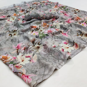 Grey Printed Georgette Saree - Peachmode