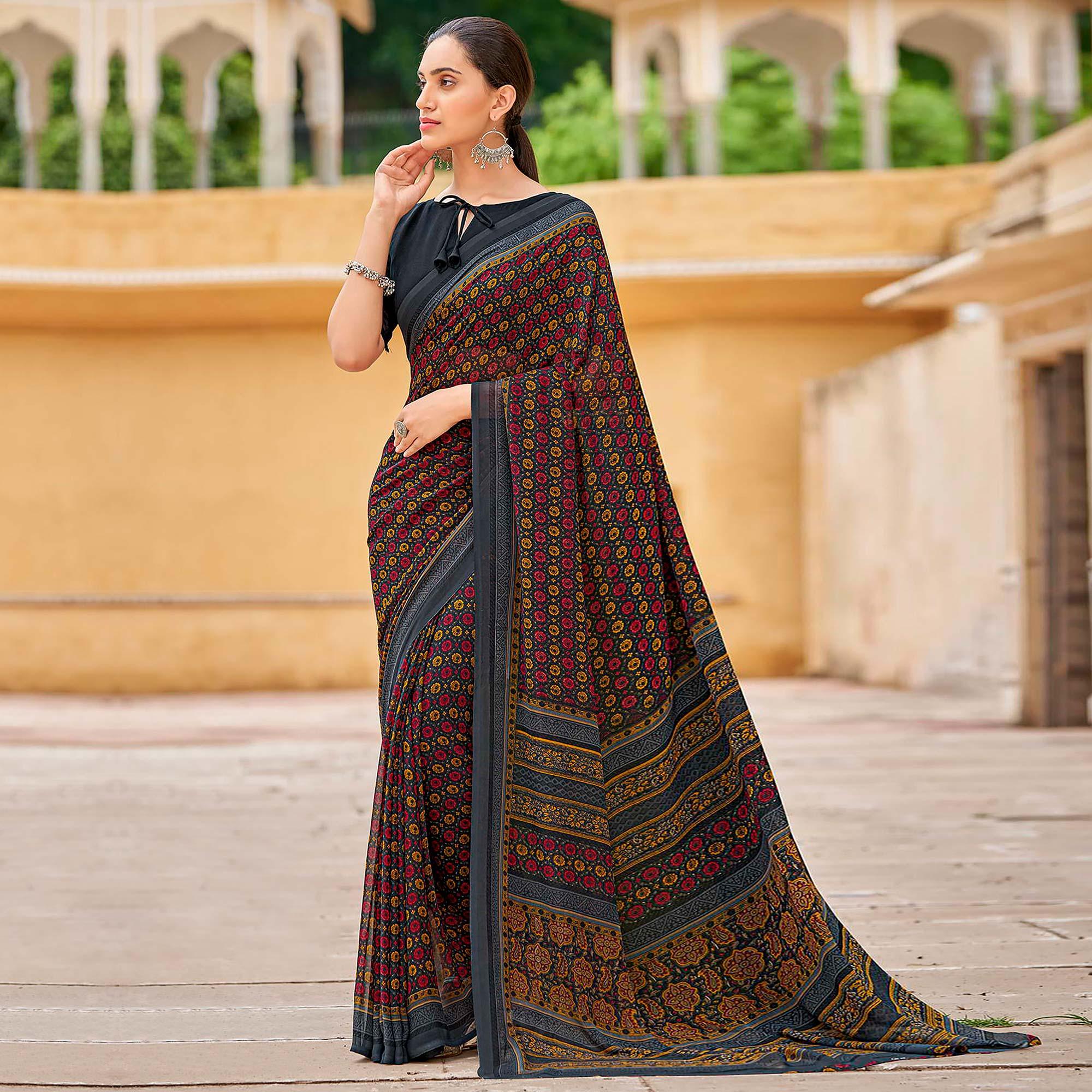 Grey Printed Georgette Saree - Peachmode