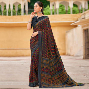 Grey Printed Georgette Saree - Peachmode