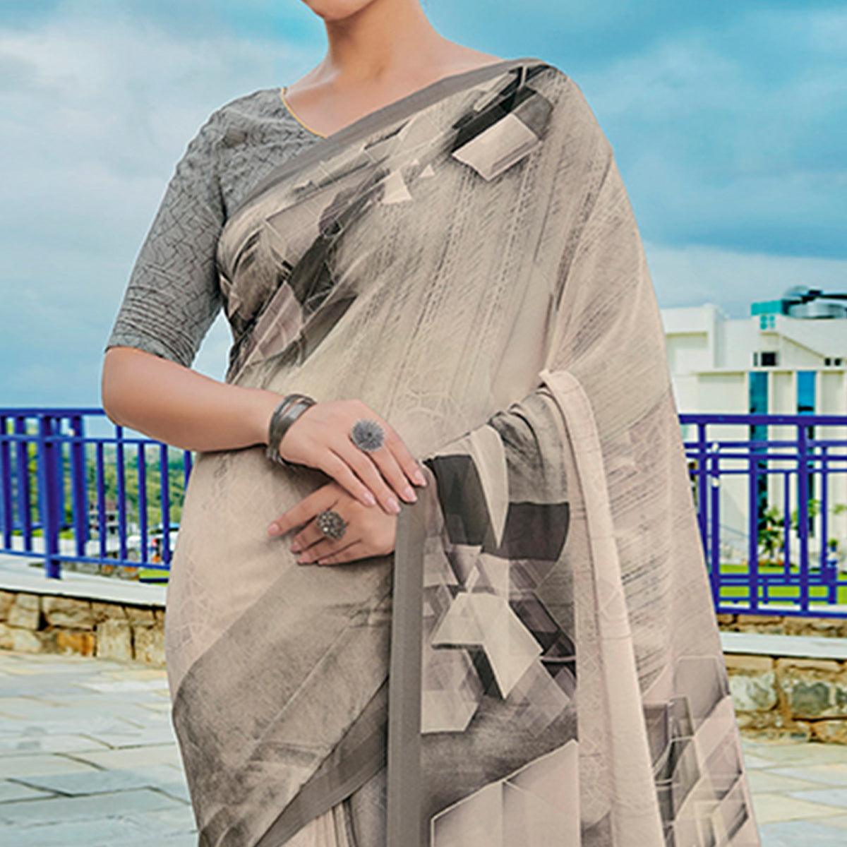 Grey Printed Georgette Saree - Peachmode