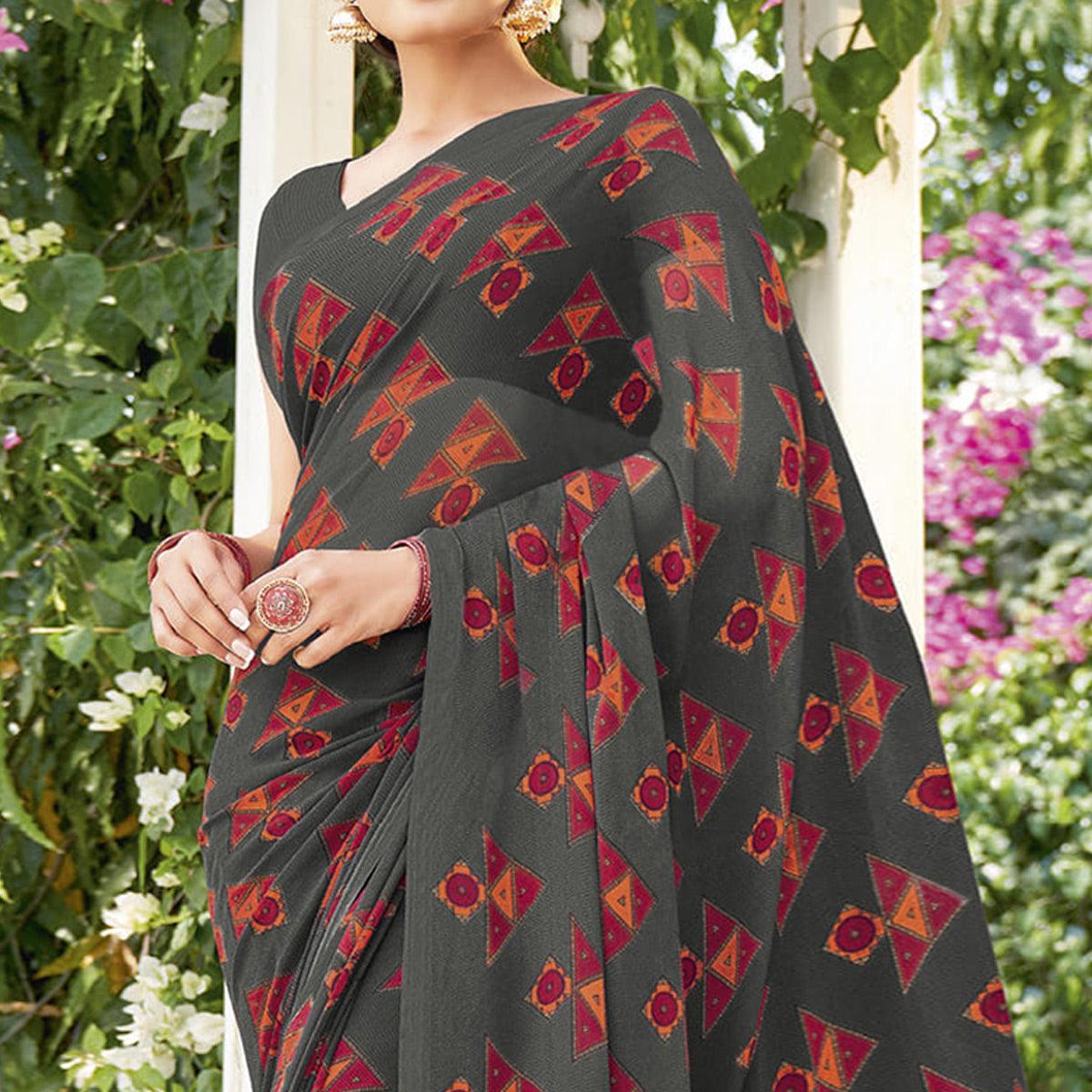 Grey Printed Georgette Saree - Peachmode