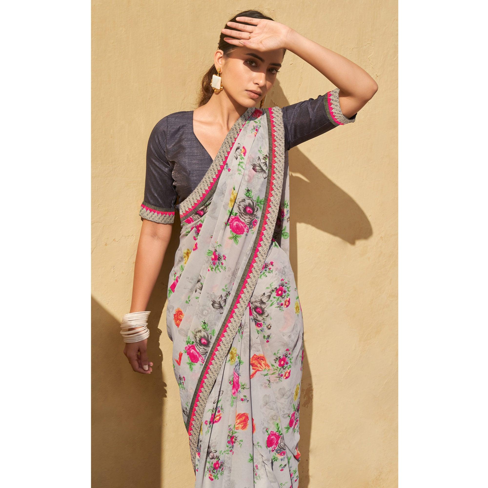 Grey Printed Georgette Saree - Peachmode