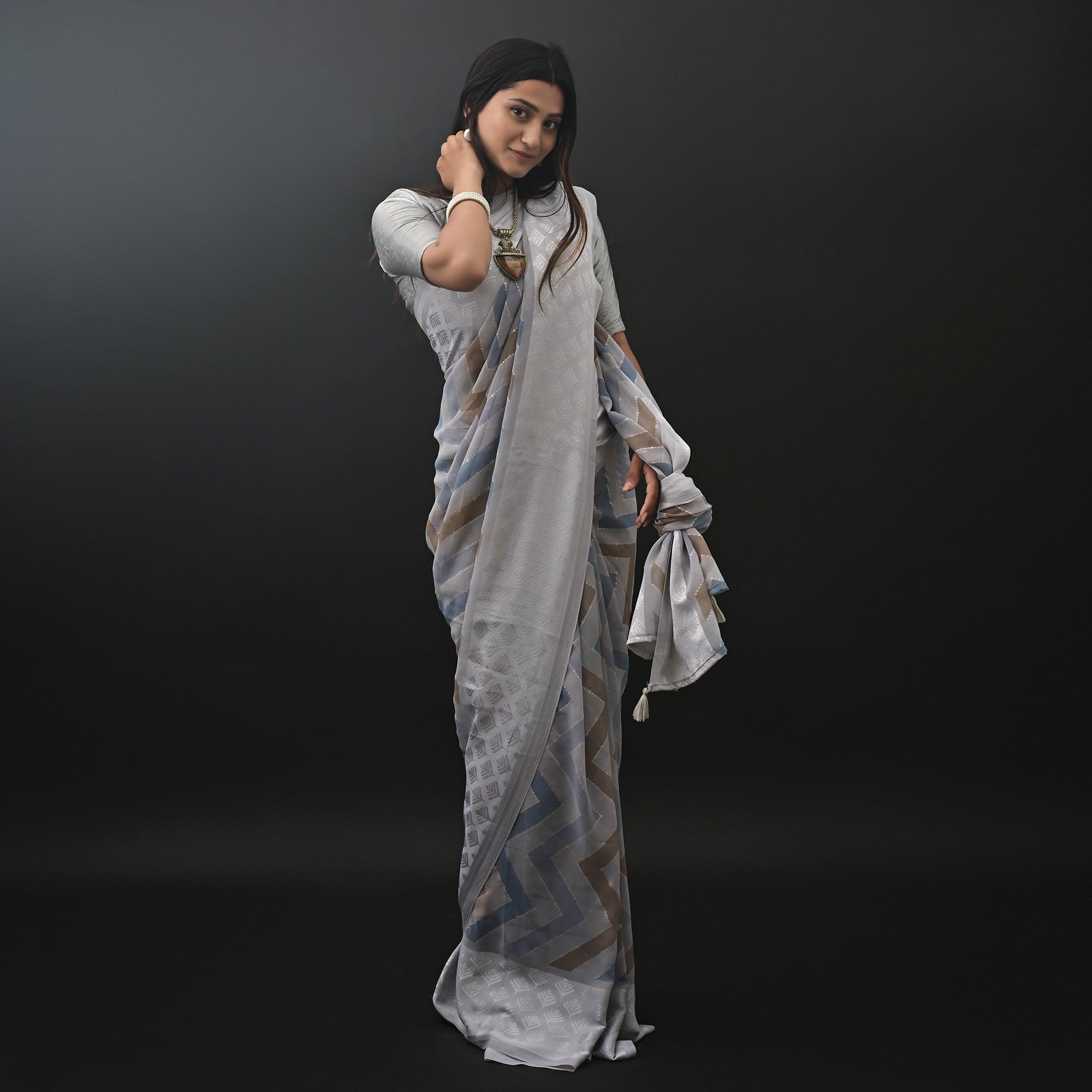 Grey Printed Jacquard Border Georgette Saree - Peachmode