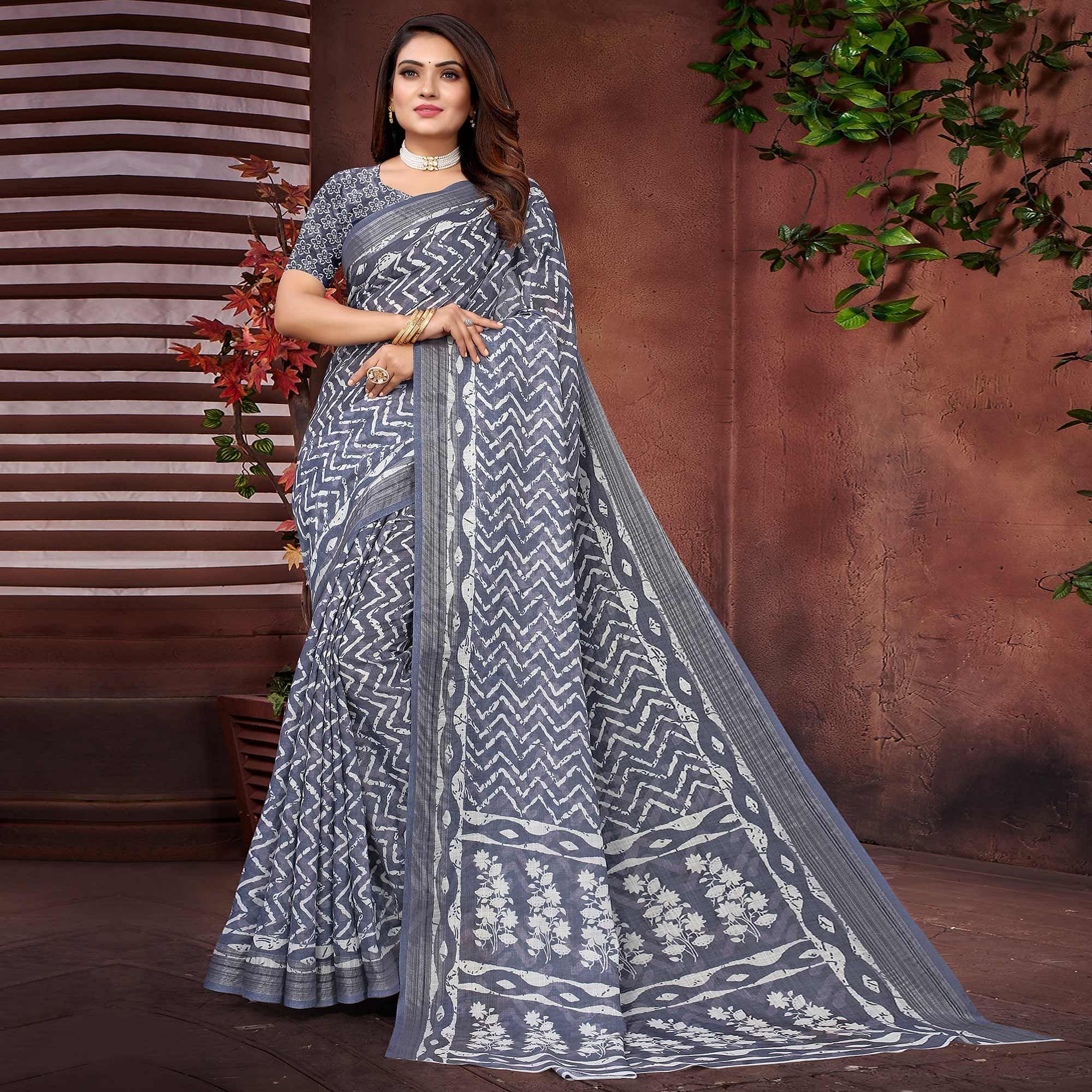 Grey Printed Linen Saree - Peachmode