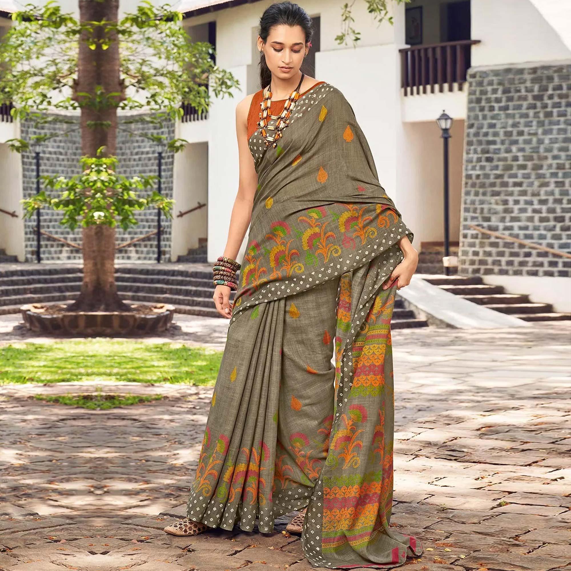 Grey Printed Linen Saree - Peachmode