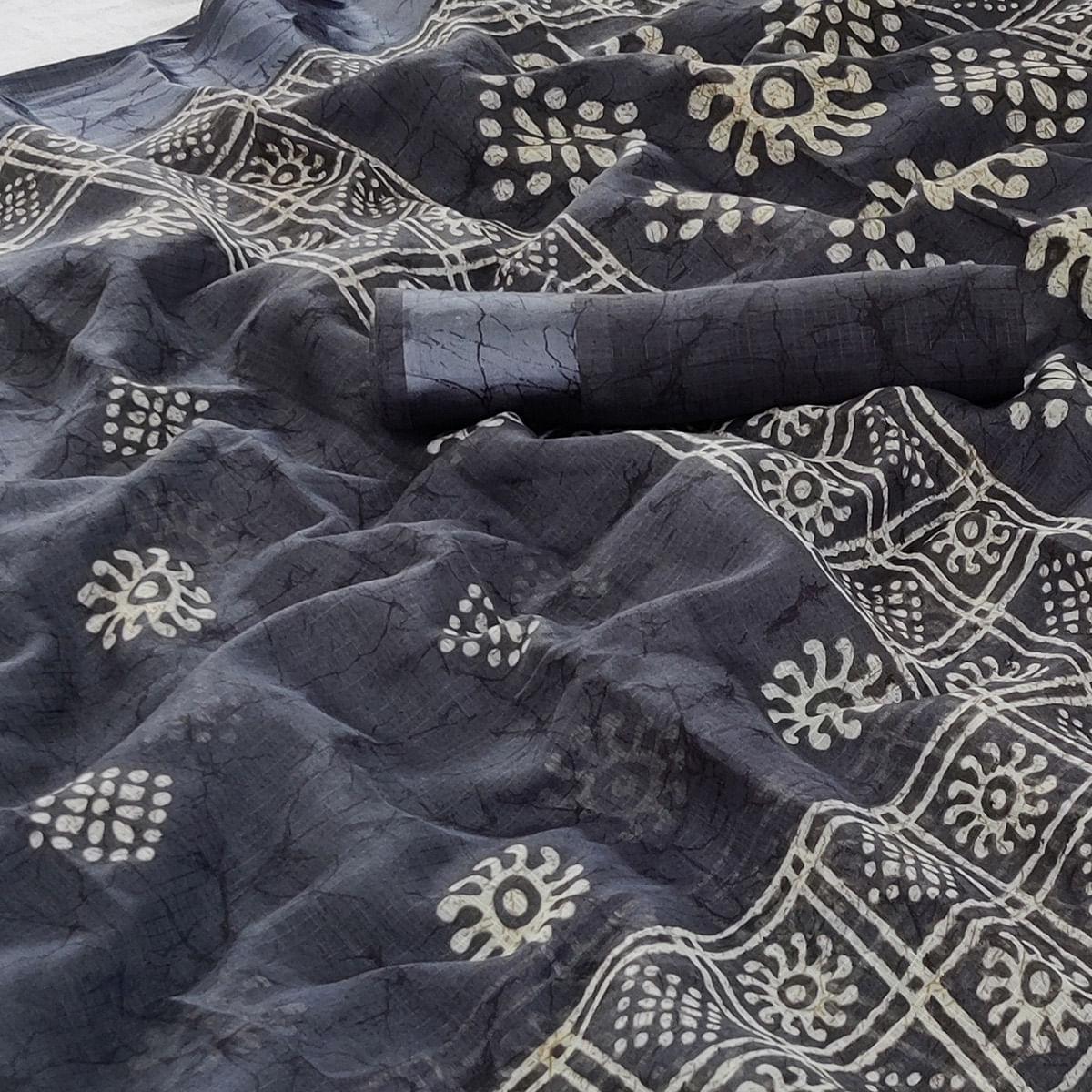 Grey Printed Linen Saree - Peachmode