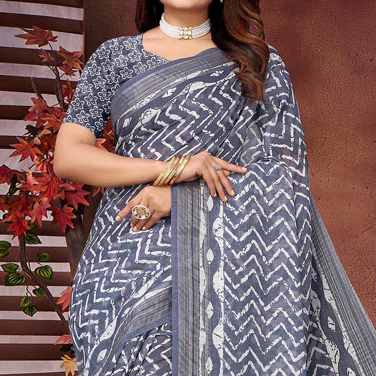 Grey Printed Linen Saree - Peachmode