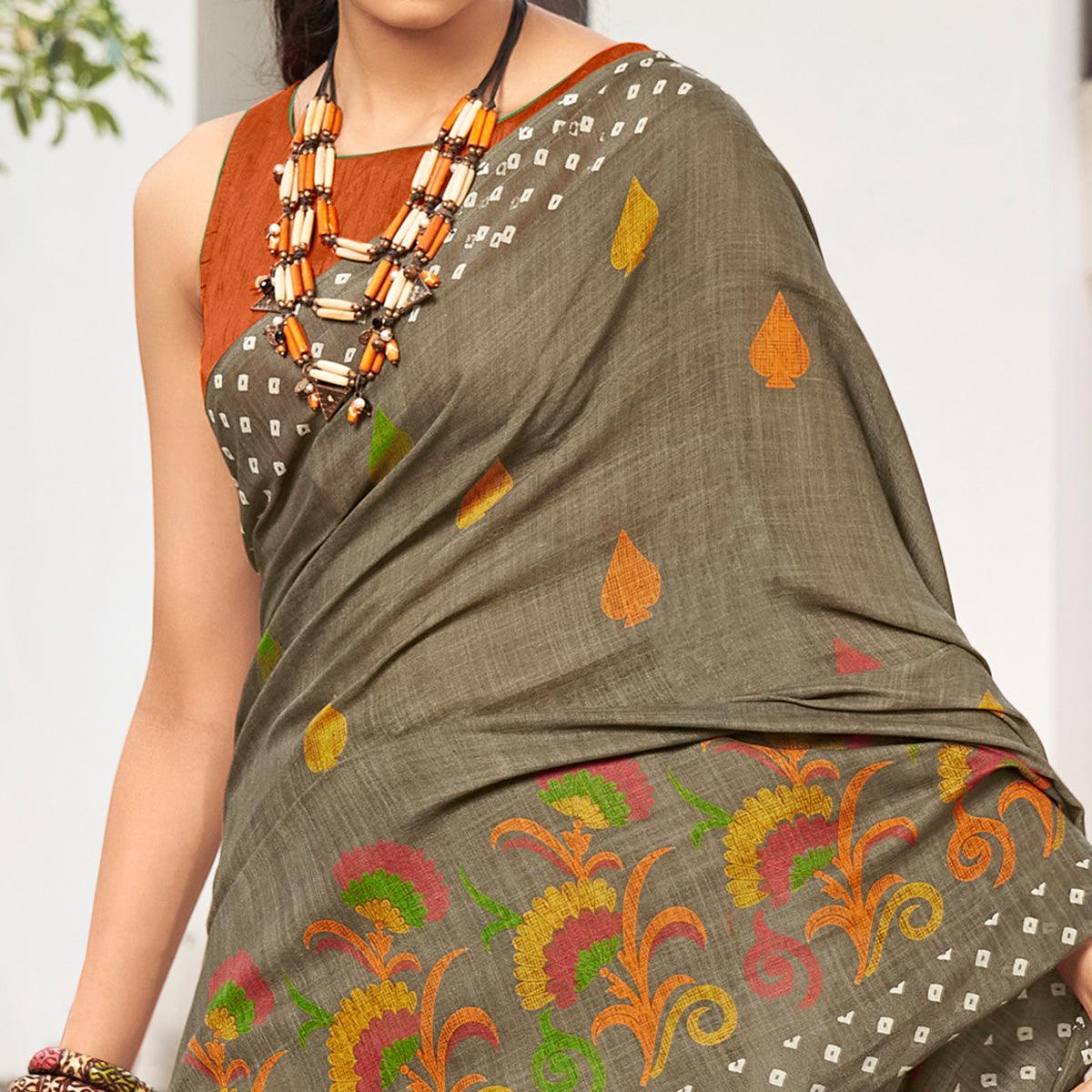 Grey Printed Linen Saree - Peachmode