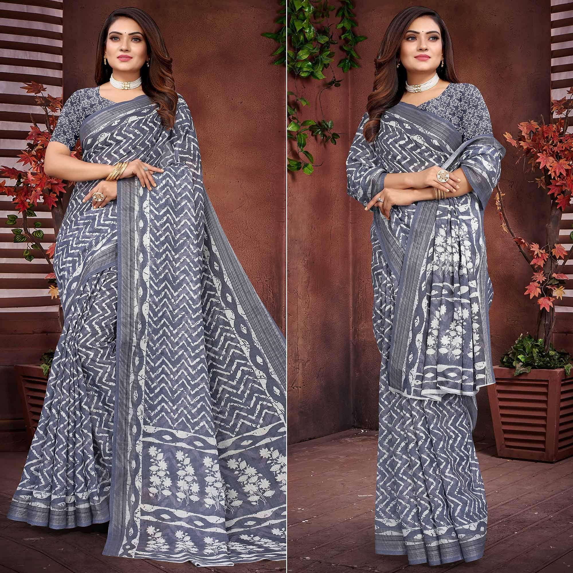 Grey Printed Linen Saree - Peachmode
