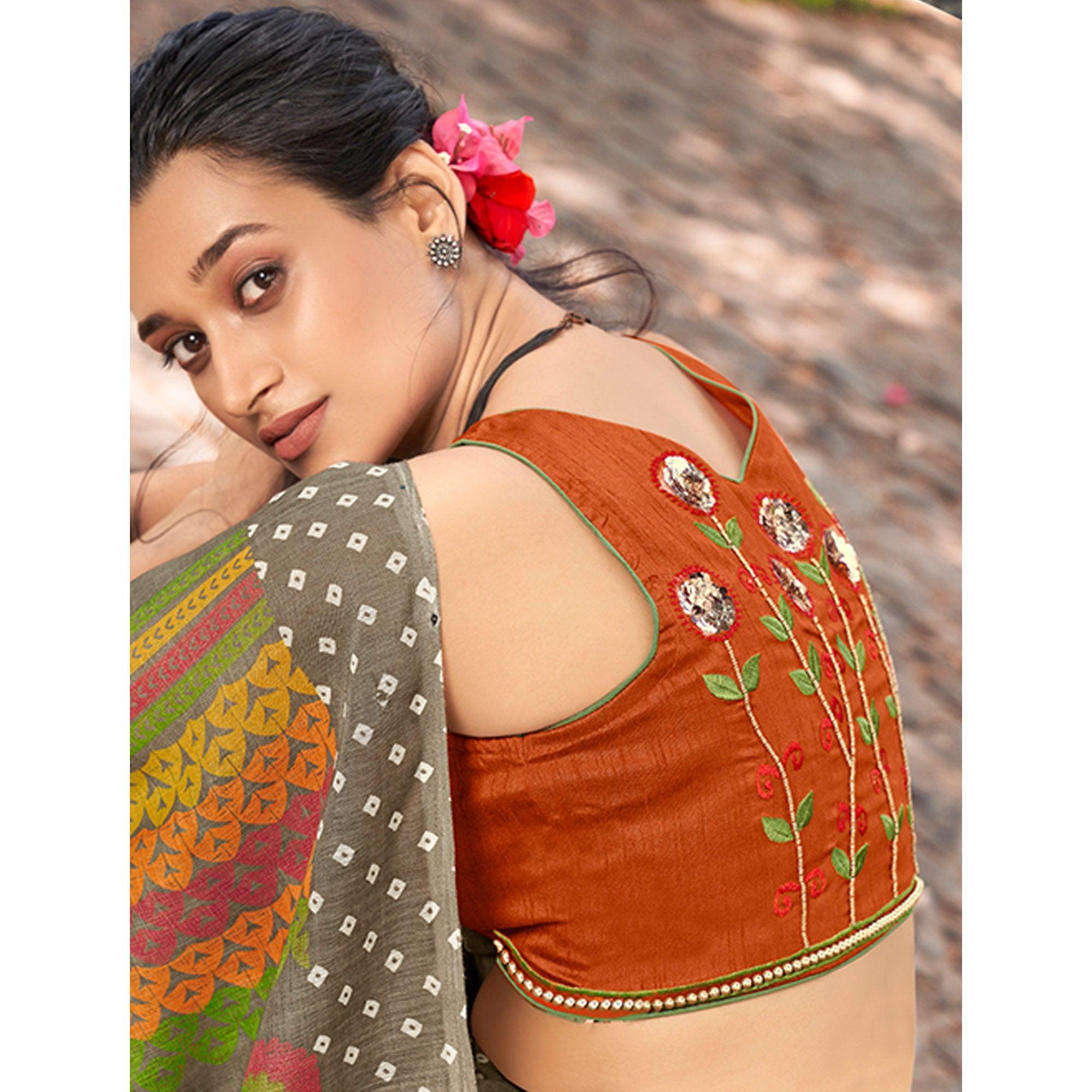 Grey Printed Linen Saree - Peachmode