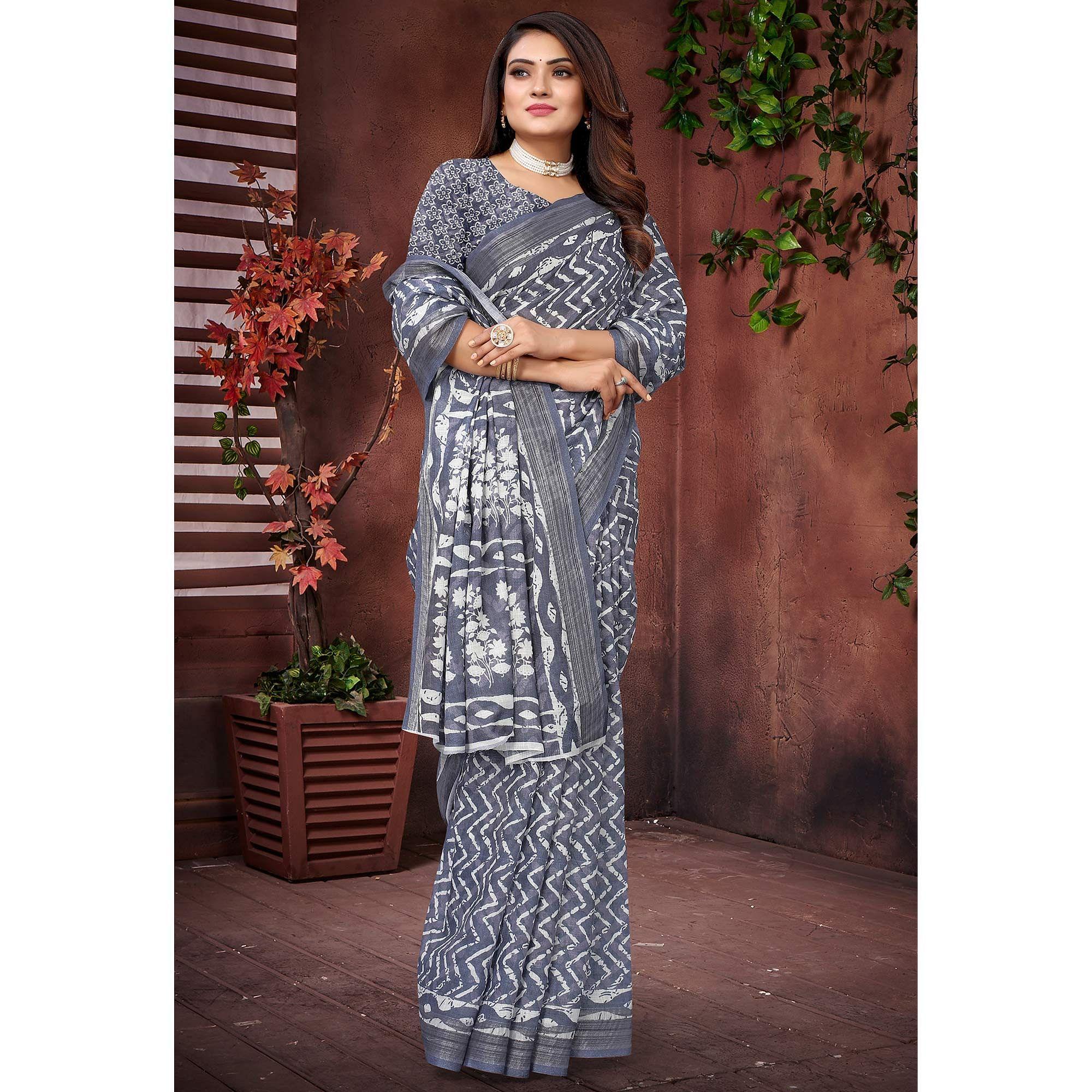 Grey Printed Linen Saree - Peachmode
